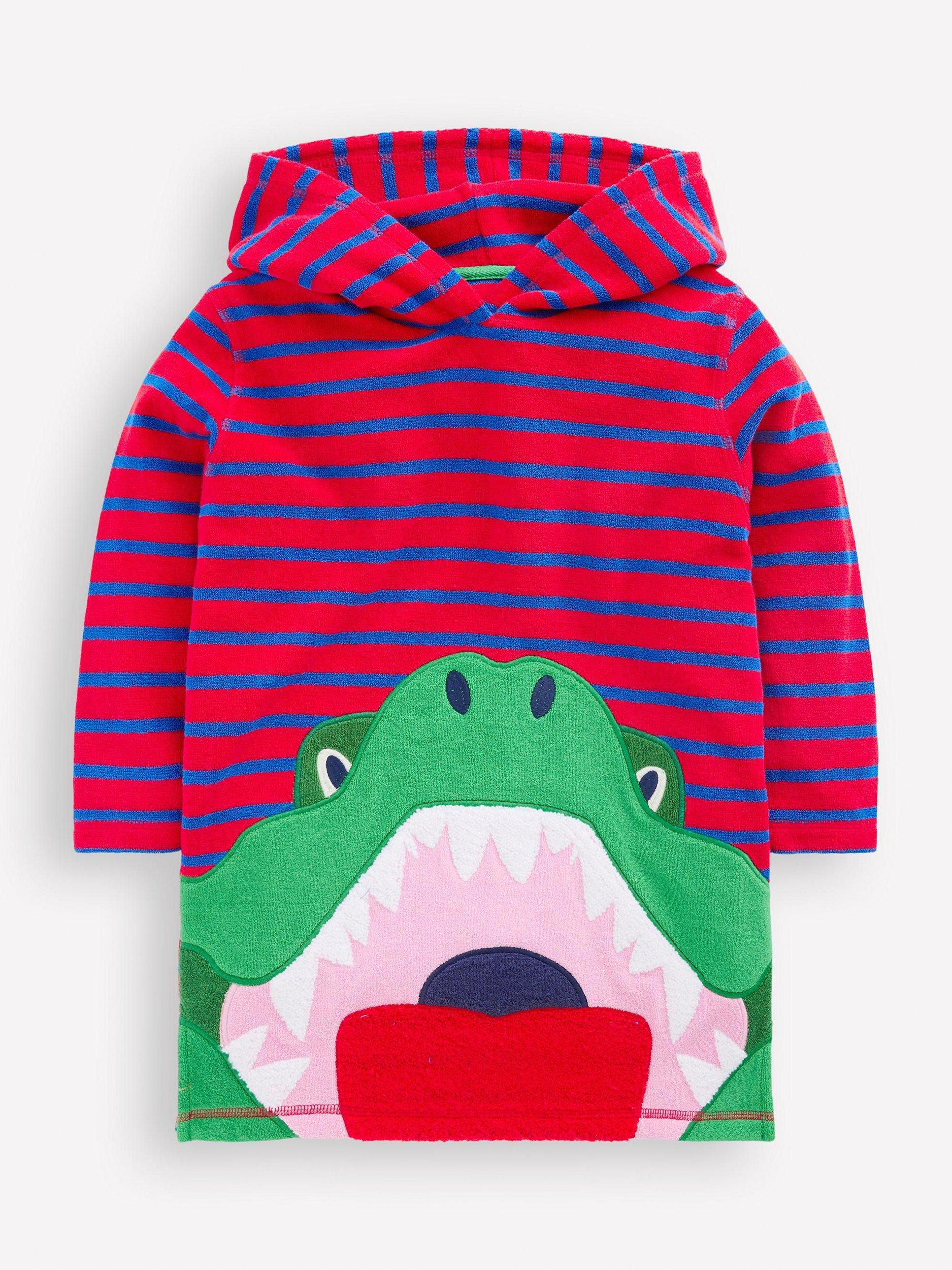 Product image 1 of 3, which shows Mini Boden Kids' Applique Towelling Robe, Blue/Poppy Red Croc, Blue/Poppy Red Croc, 3-4 yrs