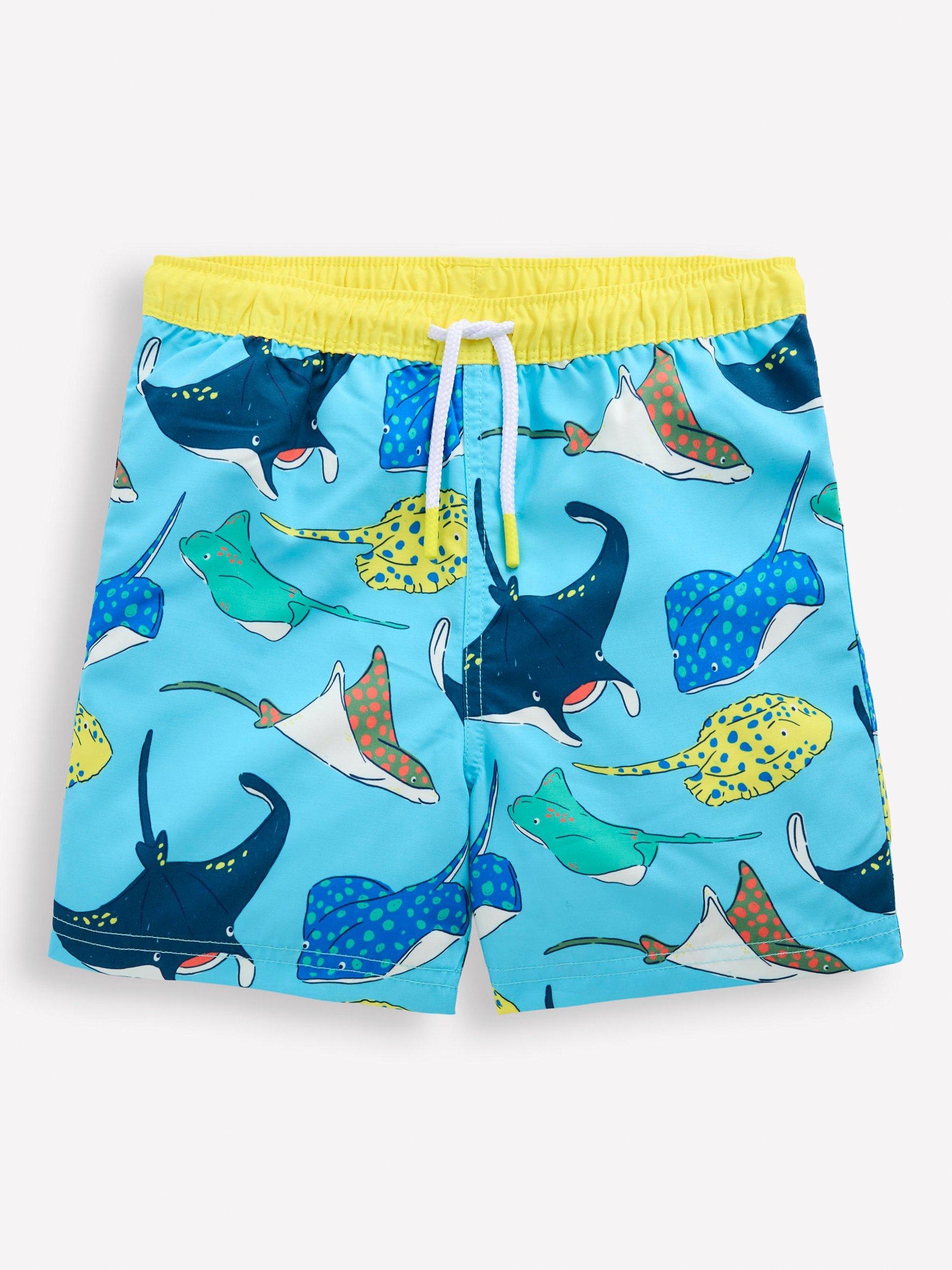 Mini Boden Kids' Ray Print Swim Shorts, Caribbean Blue Rays