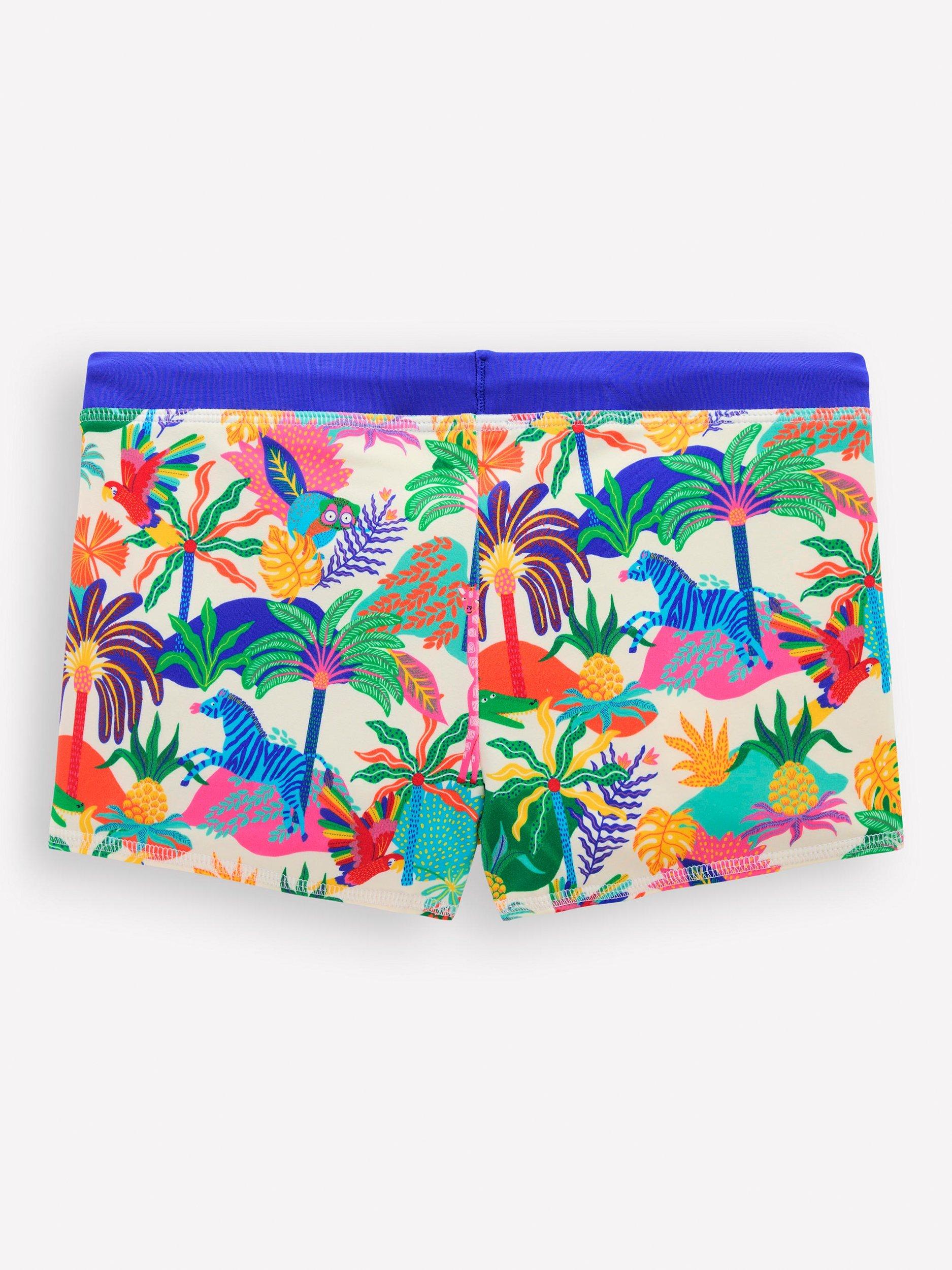 Product image 2 of 3, which shows Mini Boden Kids' Swim Trunks, Ivory Multi Jungle, 4-5 years