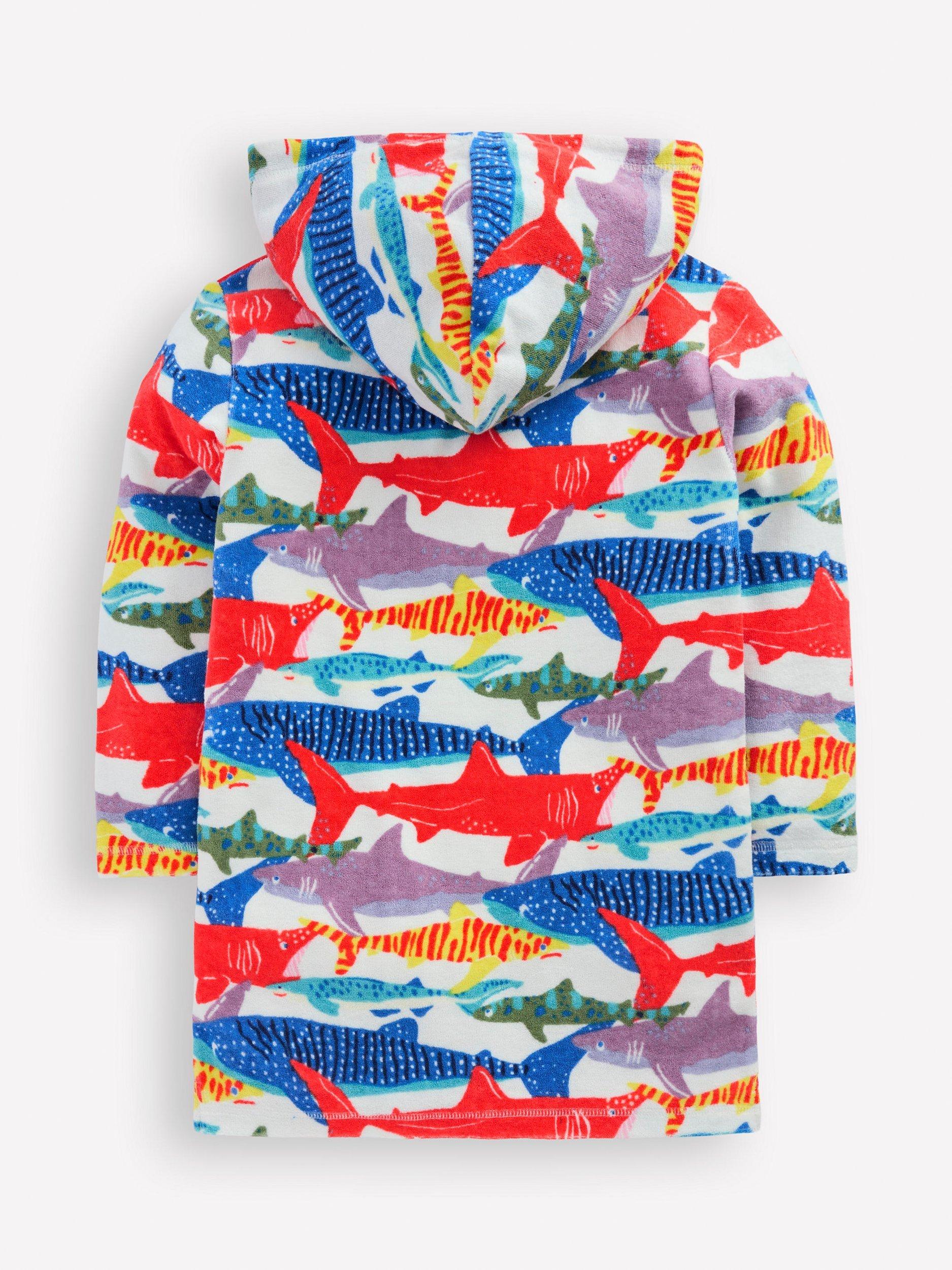Product image 2 of 3, which shows Mini Boden Kids' Towelling Zip-Up Hoodie, Ivory Riso Shark, 2-3 years