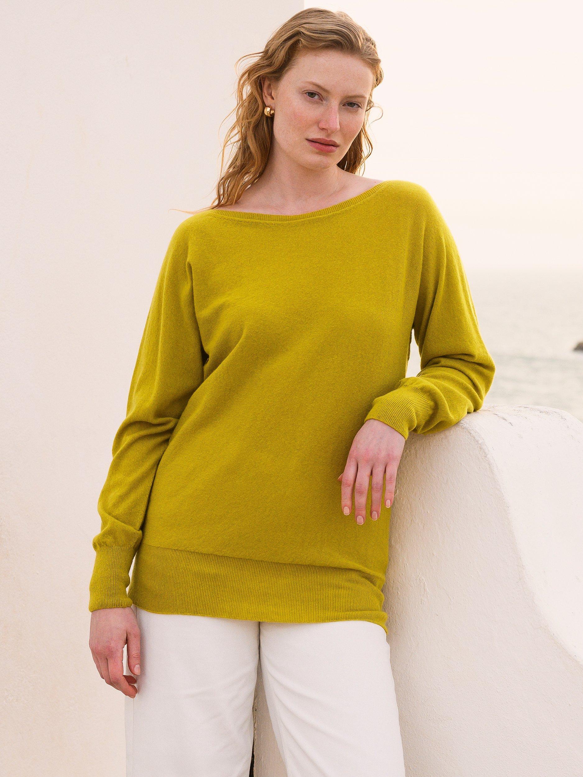 Product image 1 of 4, which shows Celtic & Co. Slash Neck Pure Geelong Wool Jumper, Ochre, XS