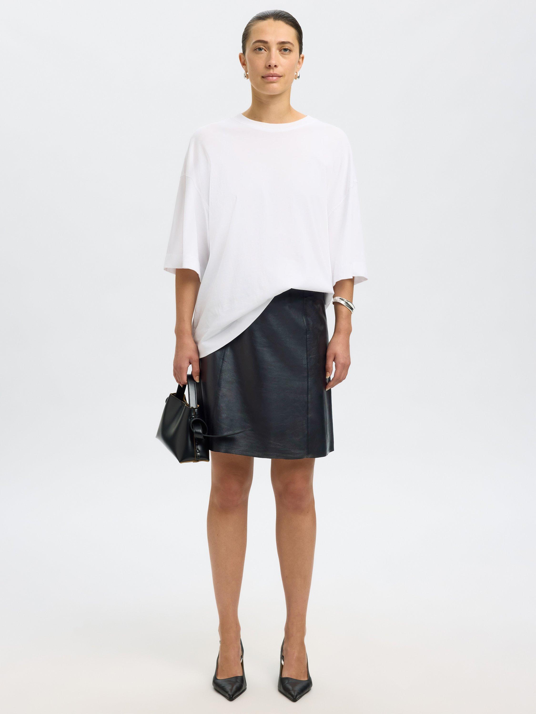 Product image 1 of 8, which shows Selected A-Line Pure Leather Skirt, Black, 34