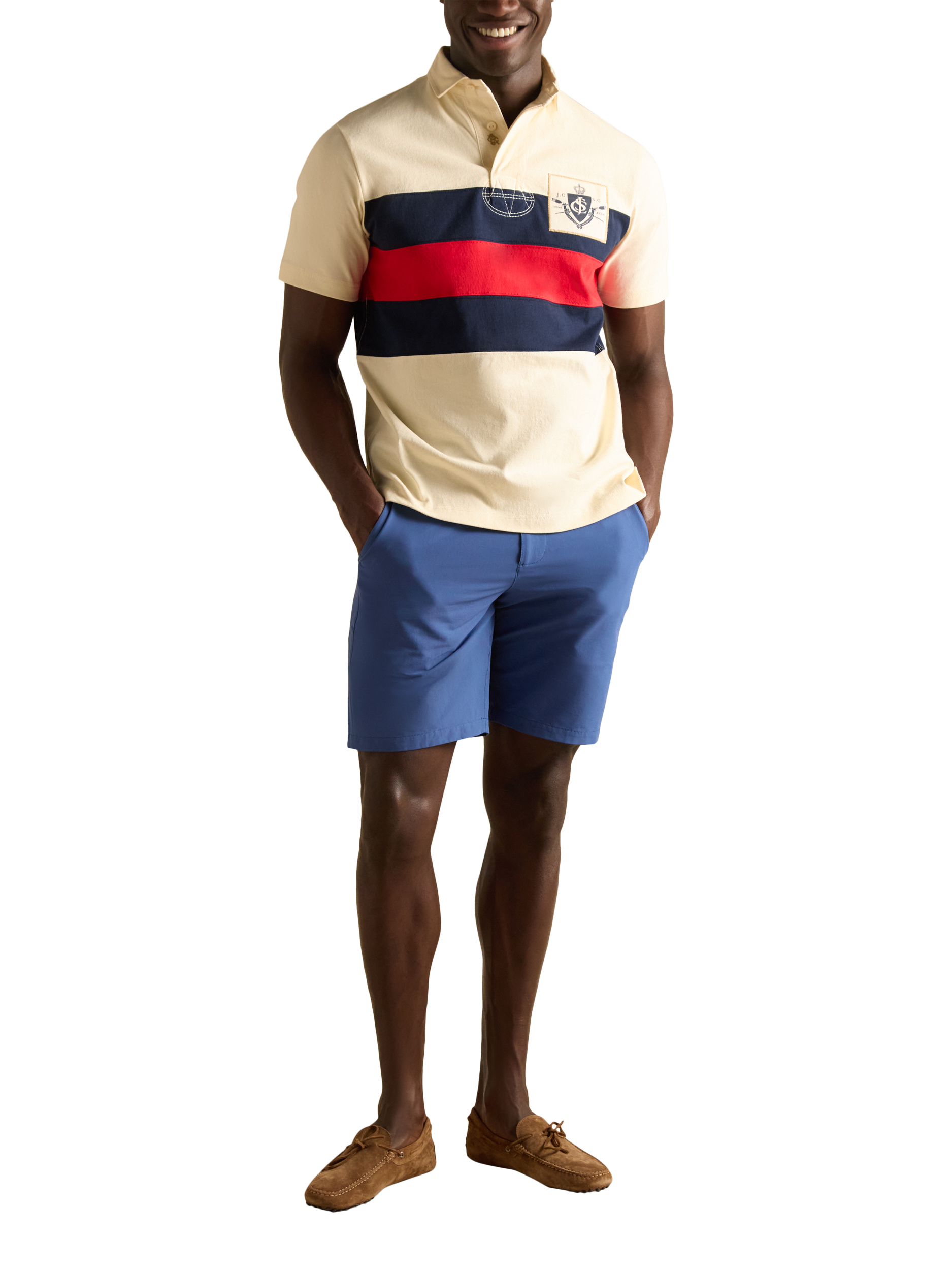 Product image 3 of 6, which shows Joules Crossfield Cotton Regular Fit Short Sleeve Polo Shirt, Cream/Multi, S Reg