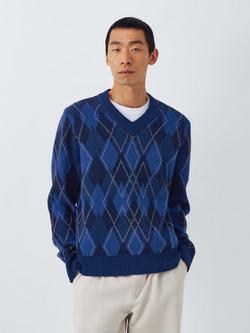 John Lewis Lambswool Blend V-Neck Argyle Jumper, Blue