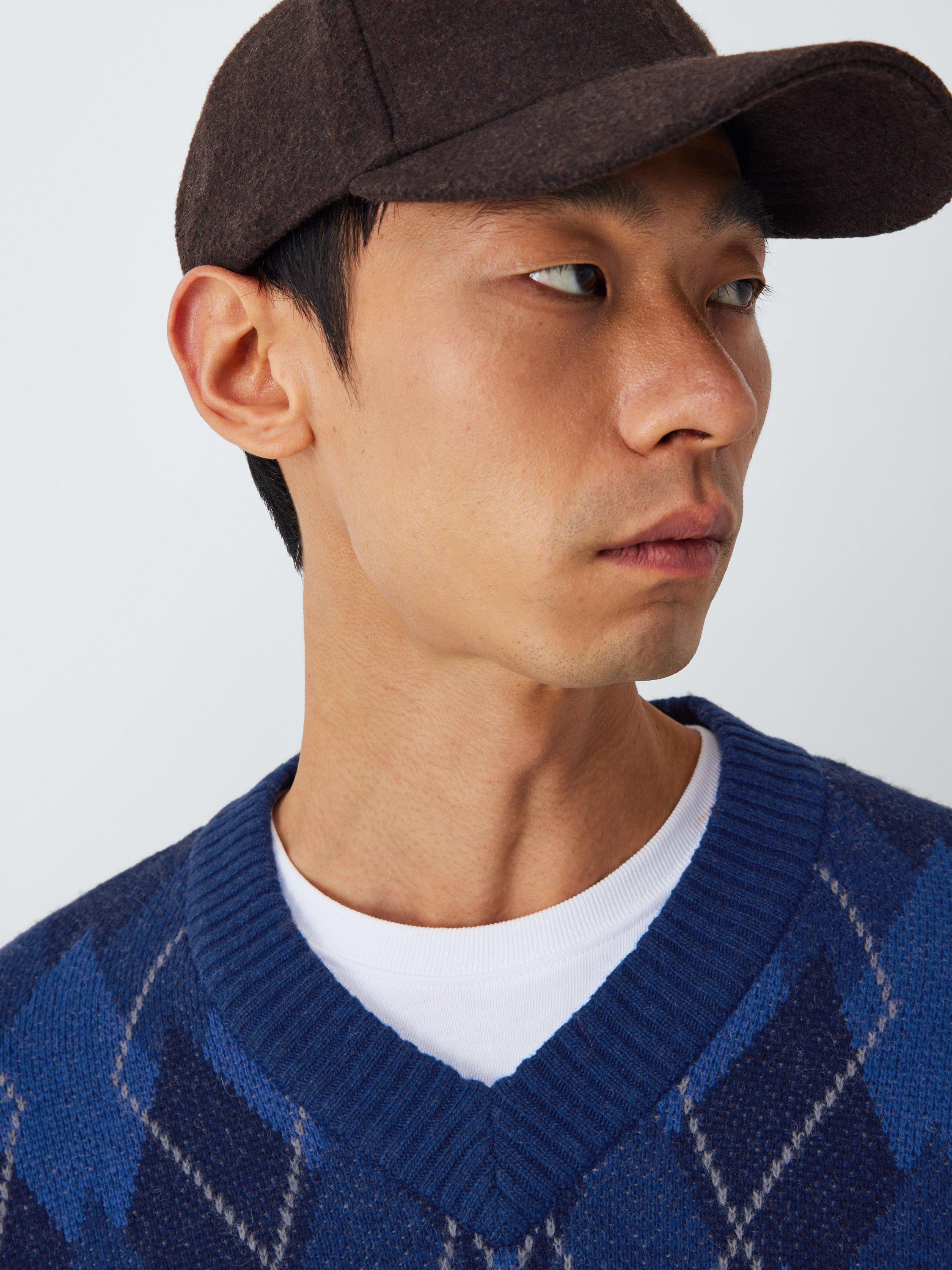 Product image 5 of 6, which shows John Lewis Lambswool Blend V-Neck Argyle Jumper, Blue, S