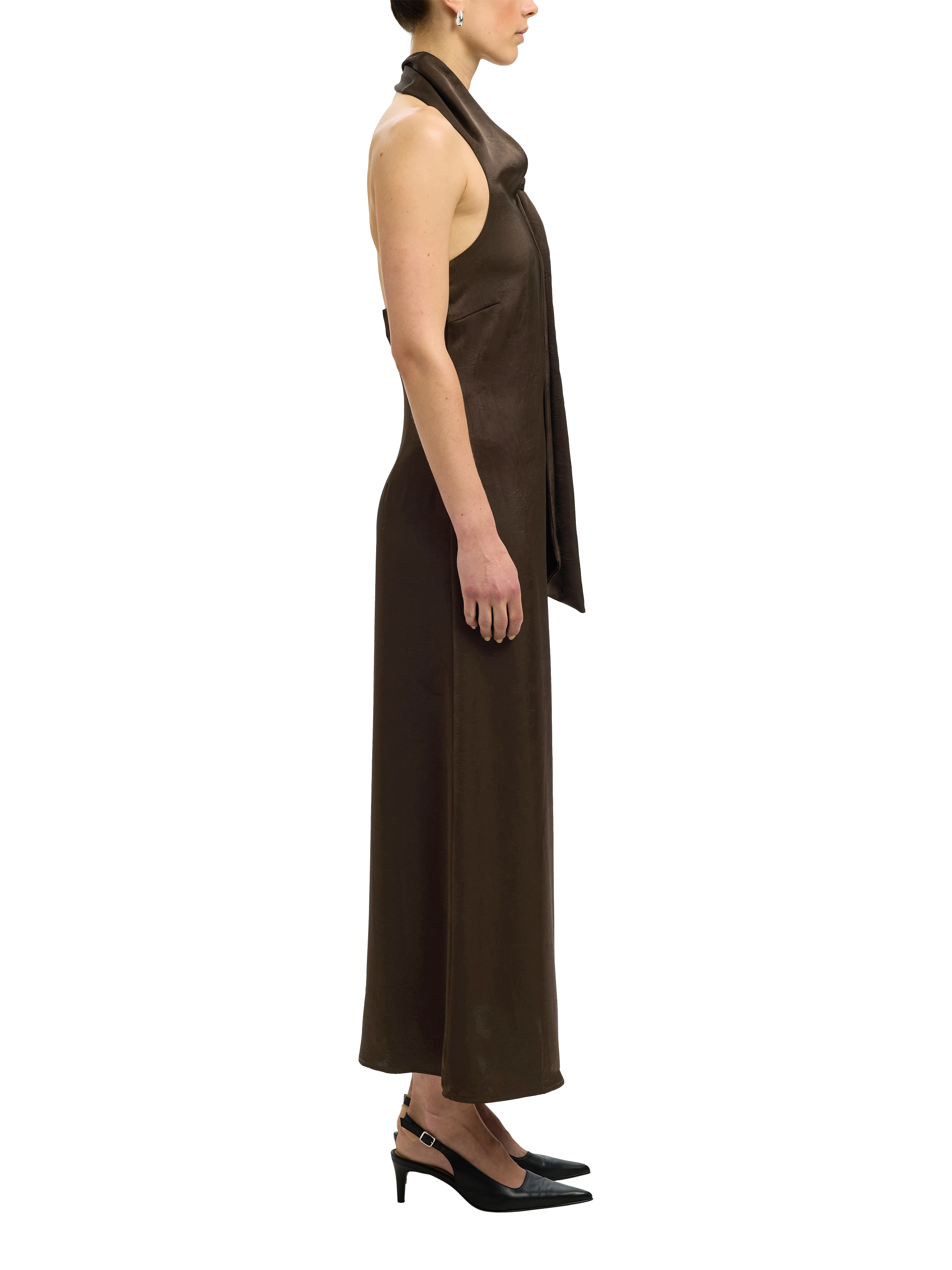 Product image 2 of 6, which shows Selected Cecilia Halterneck Open Back Sheath Maxi Dress, Brown, 34
