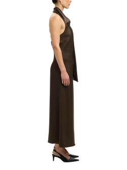 Selected Cecilia Halterneck Open Back Sheath Maxi Dress - view 2, Brown
