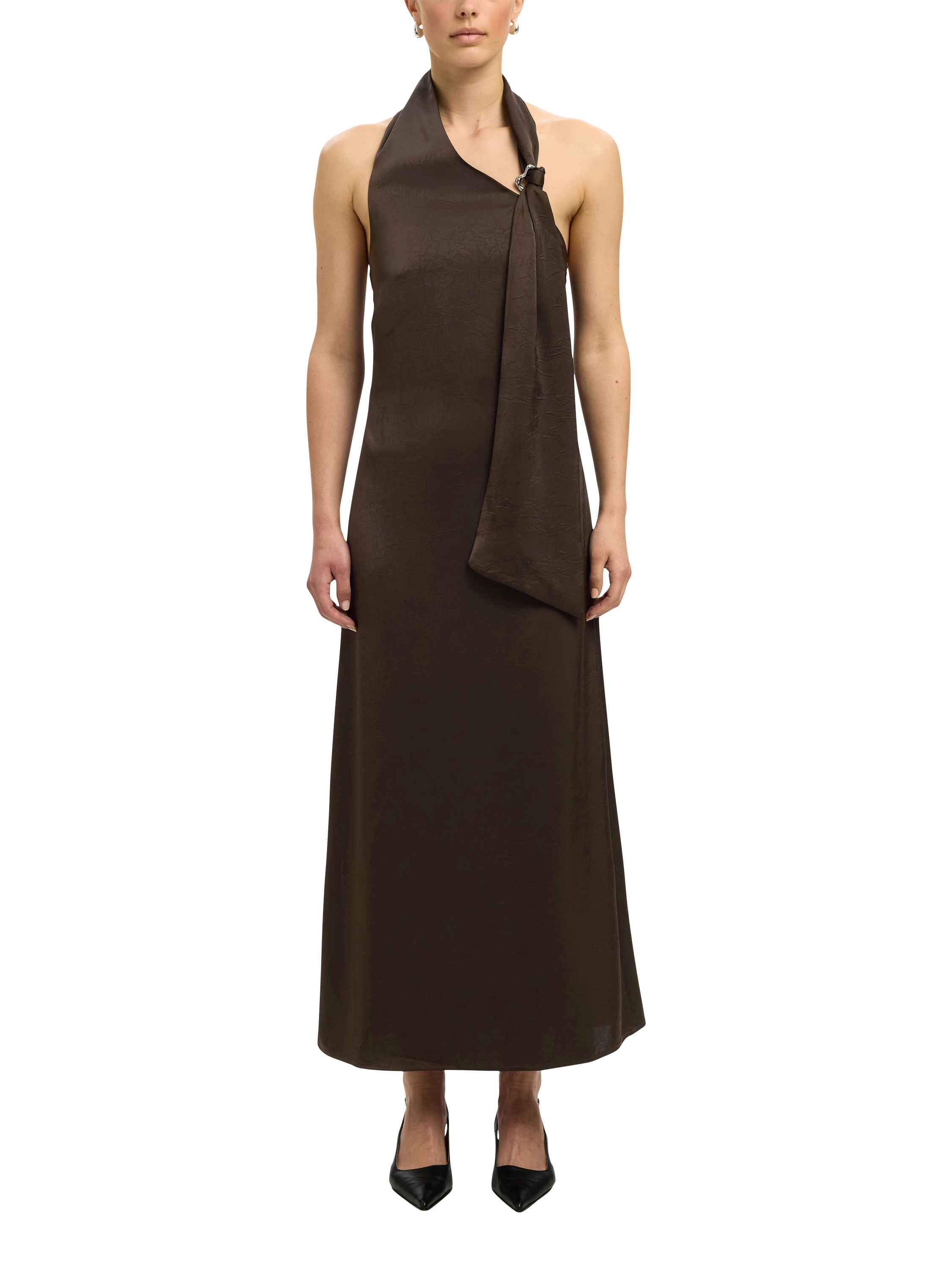 Product image 3 of 6, which shows Selected Cecilia Halterneck Open Back Sheath Maxi Dress, Brown, 34