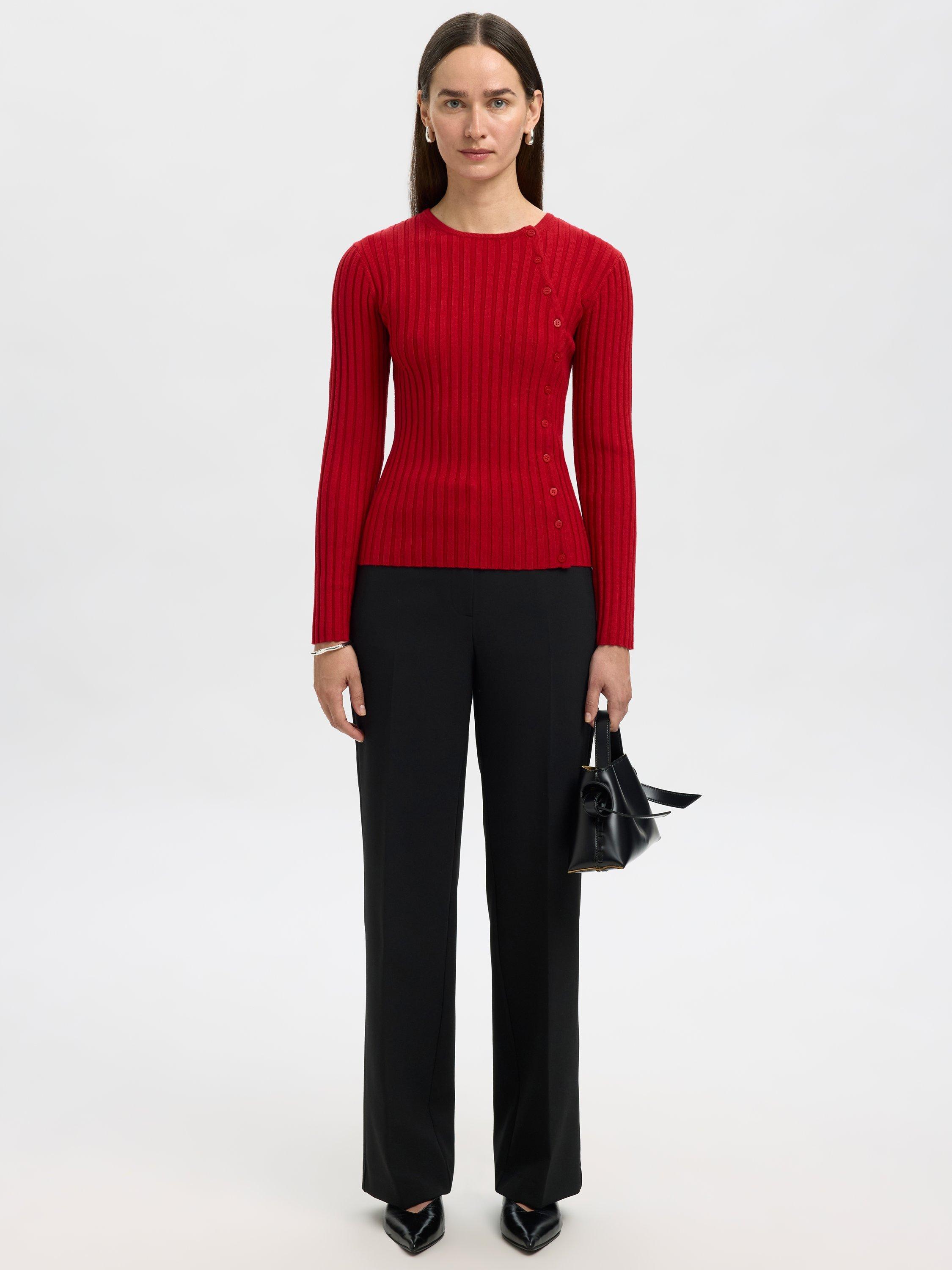 Product image 2 of 6, which shows Selected Helen Ribbed Long Sleeve Round Neck Top, Red, M