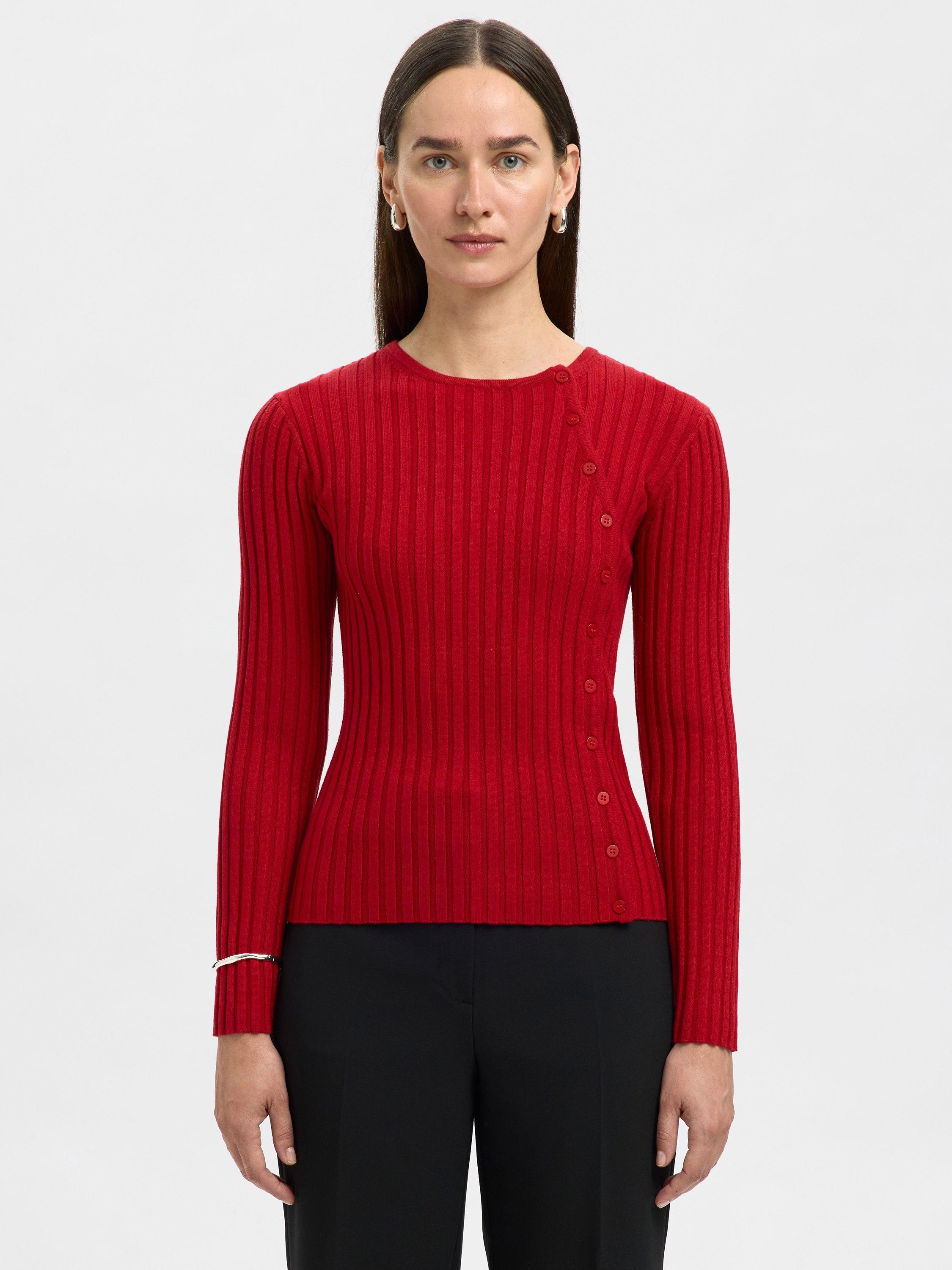 Product image 3 of 6, which shows Selected Helen Ribbed Long Sleeve Round Neck Top, Red, M