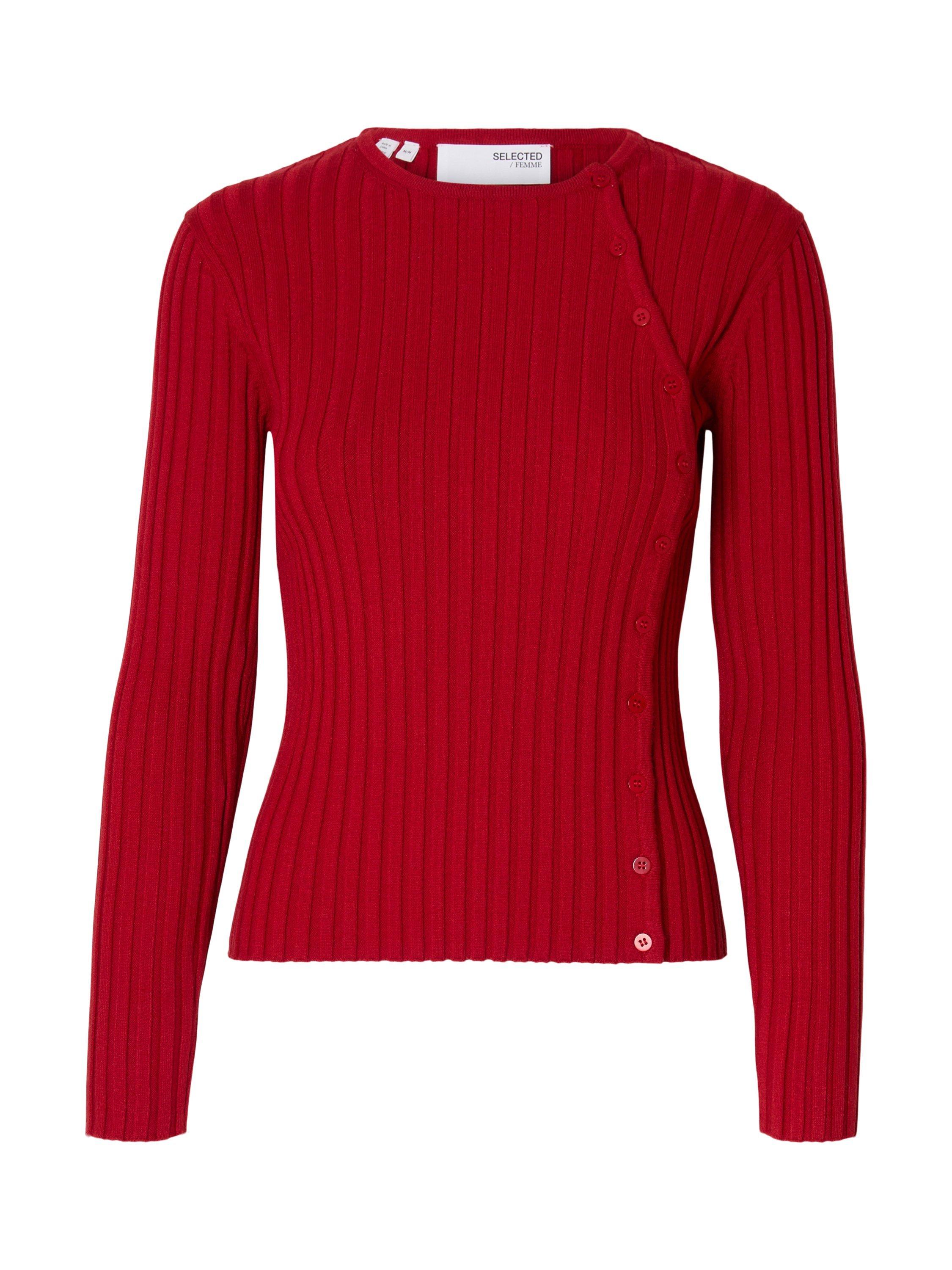 Product image 6 of 6, which shows Selected Helen Ribbed Long Sleeve Round Neck Top, Red, M