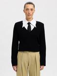 SELECTED FEMME Thea Deep V-Neck Pure Merino Wool Jumper, Black