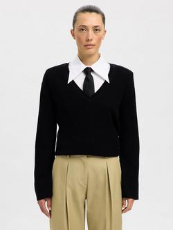 SELECTED FEMME Thea Deep V-Neck Pure Merino Wool Jumper, Black - view 2, Black