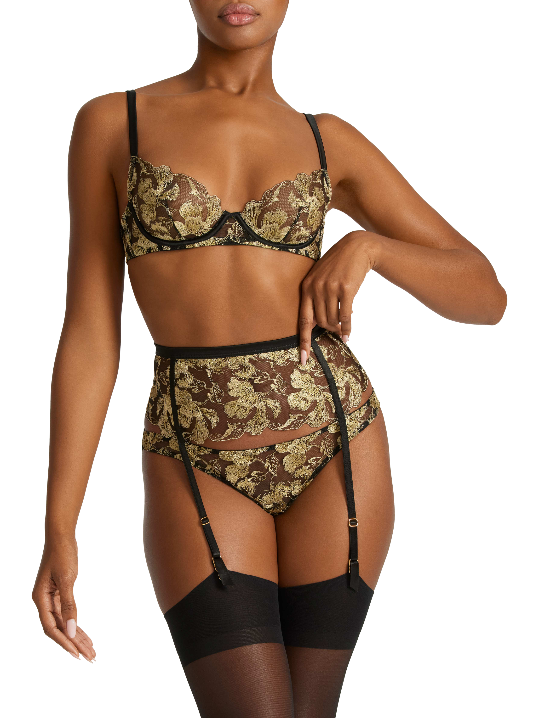 Product image 1 of 5, which shows Coco de Mer Oriana Plunge Bra, Black And Gold, 32B