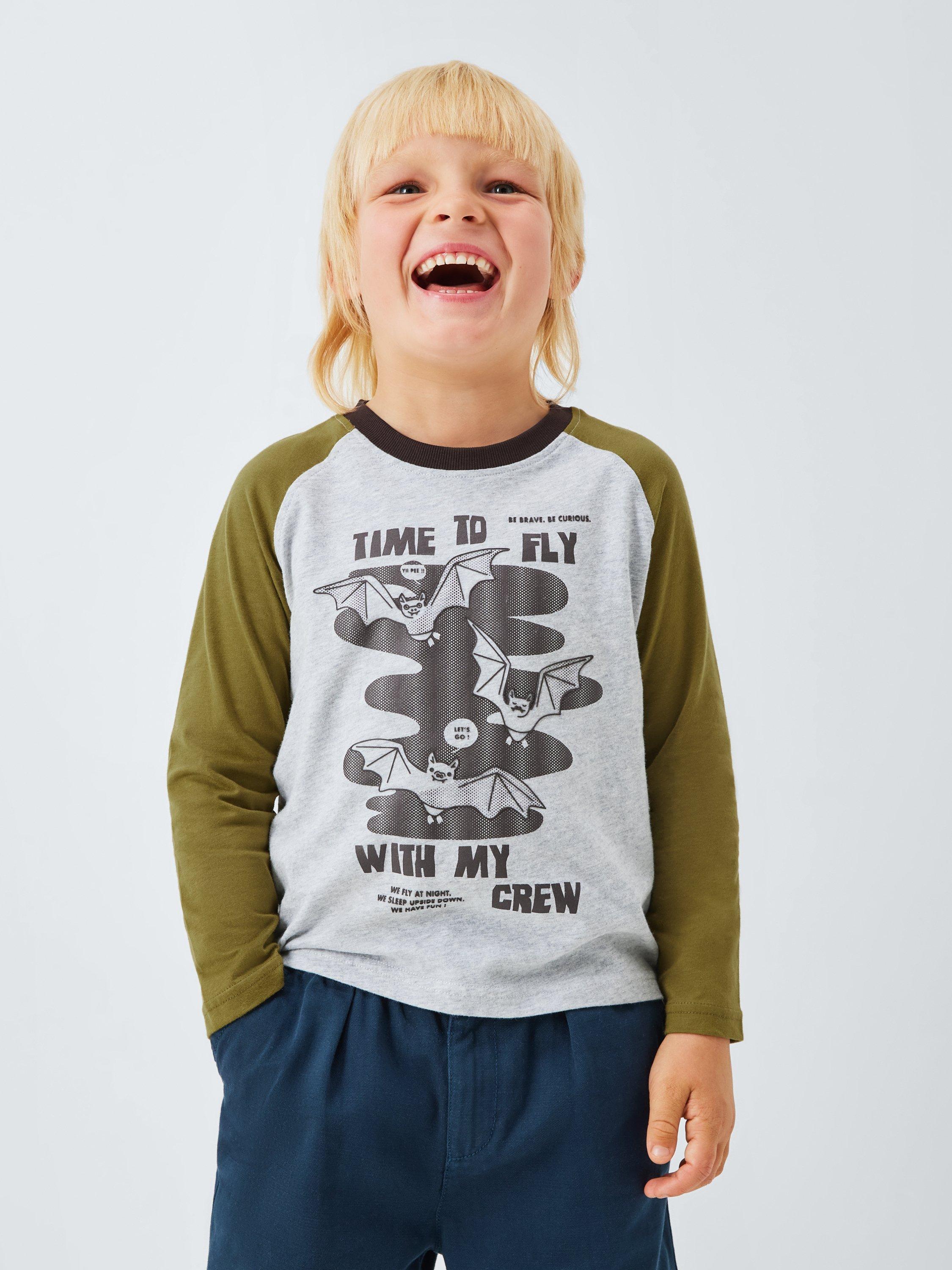 Product image 1 of 7, which shows John Lewis Kids' Time to Fly Raglan Sleeve Top, Grey/Green, 3 years