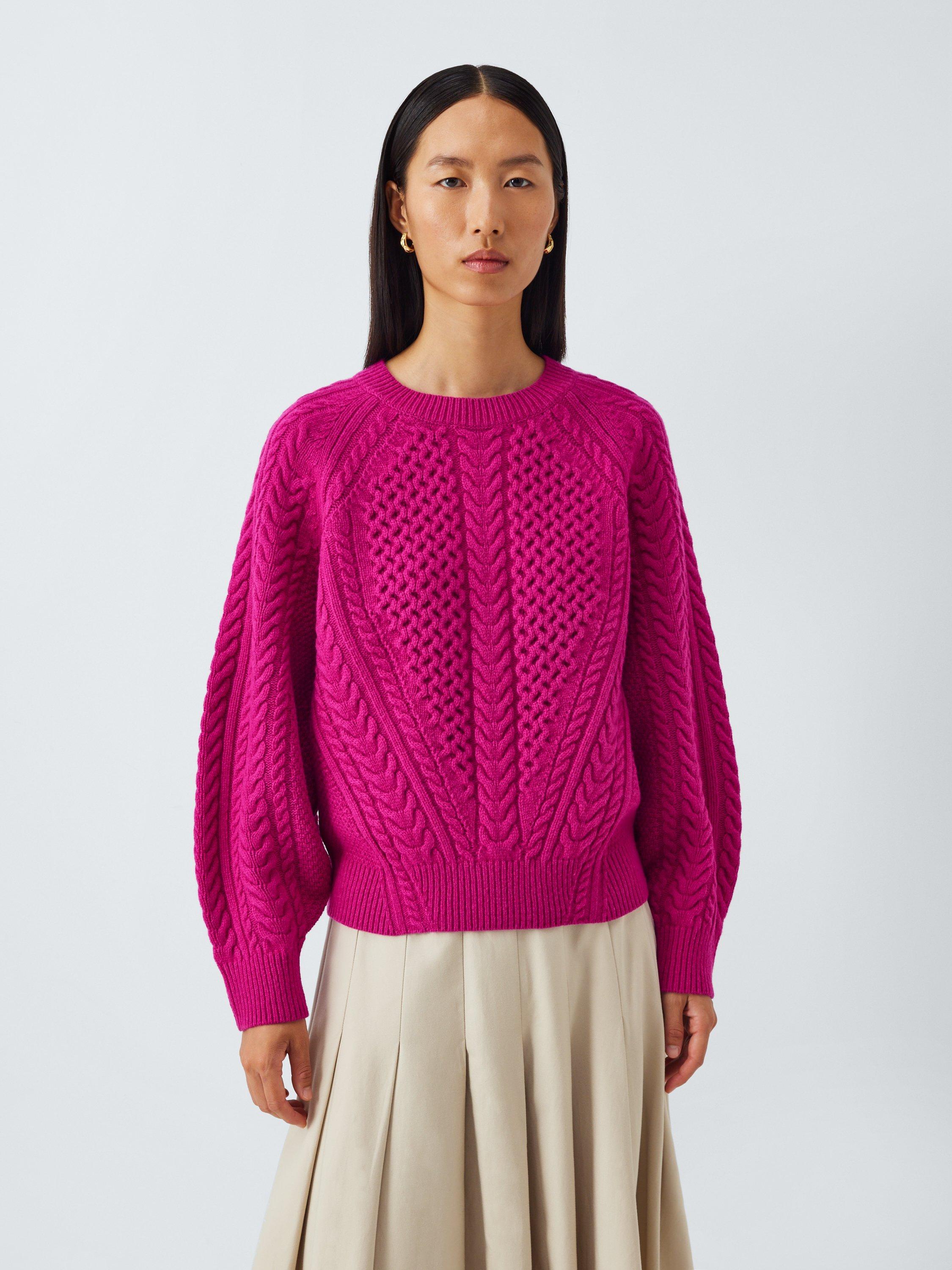 Product image 1 of 6, which shows John Lewis Wool Blend Cable Knit Jumper, Magenta, 10