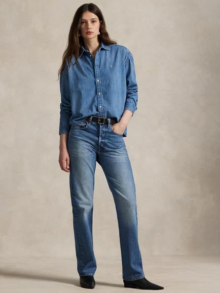 Polo Ralph Lauren Cropped Boxy Denim Shirt, Blue - view 2, Blue