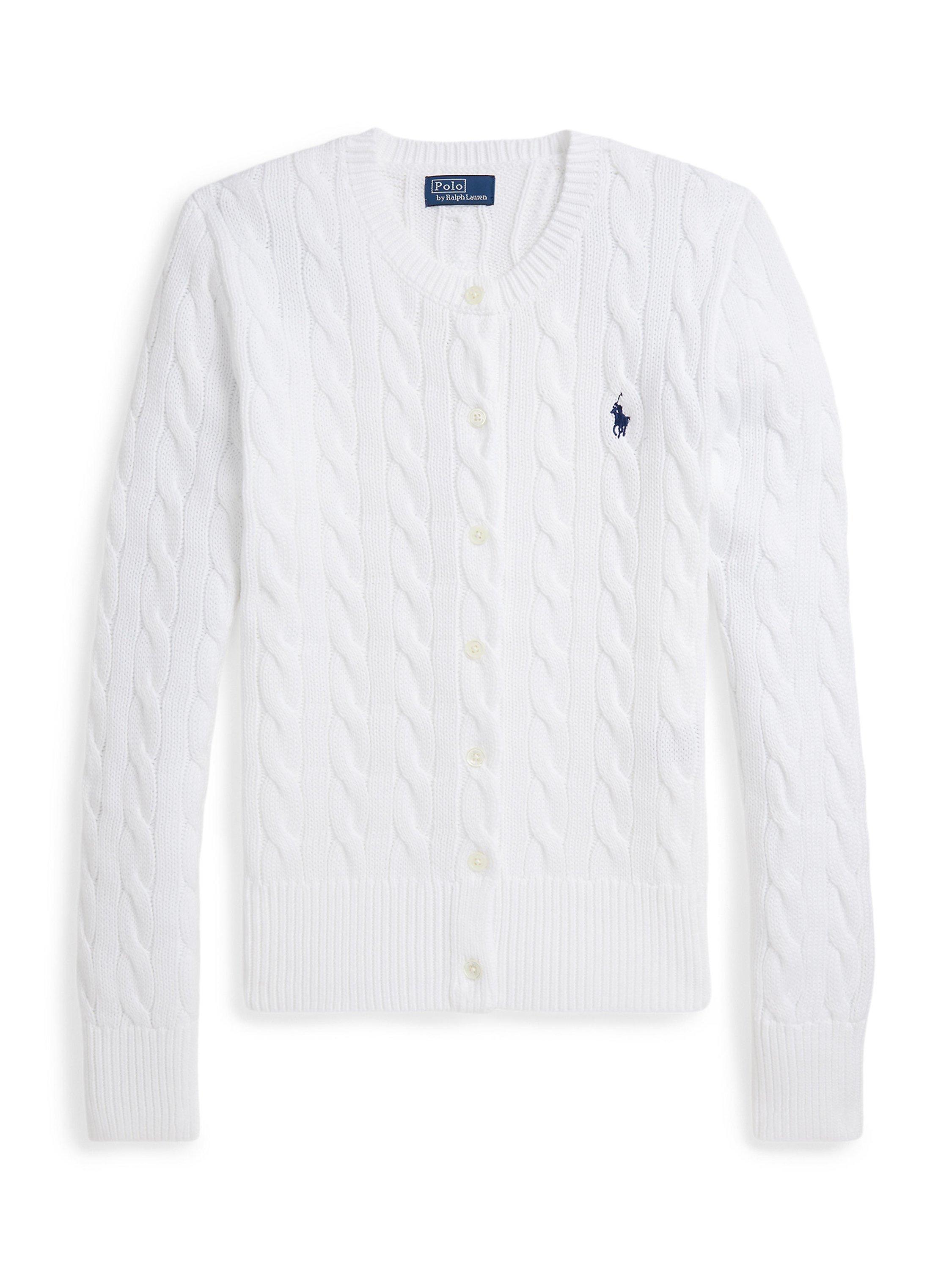 Product image 1 of 2, which shows Polo Ralph Lauren Cable Knit Crew Neck Cardigan, White, XS