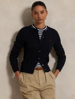 Polo Ralph Lauren Round Neck Cable Knit Cardigan, Hunter Navy