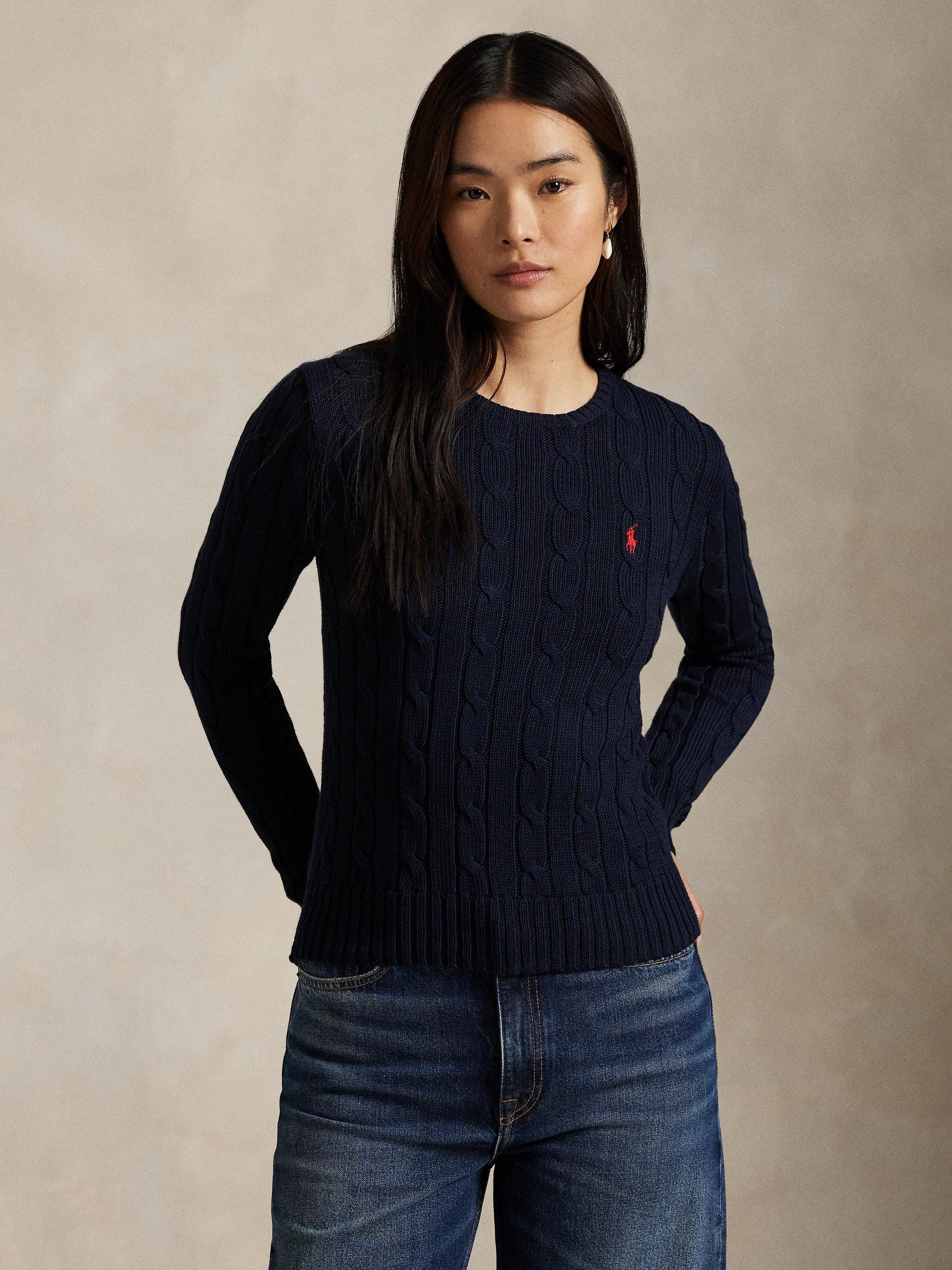 Product image 2 of 5, which shows Polo Ralph Lauren Julianna Cable Knit Wool Rich Jumper, Navy, XS
