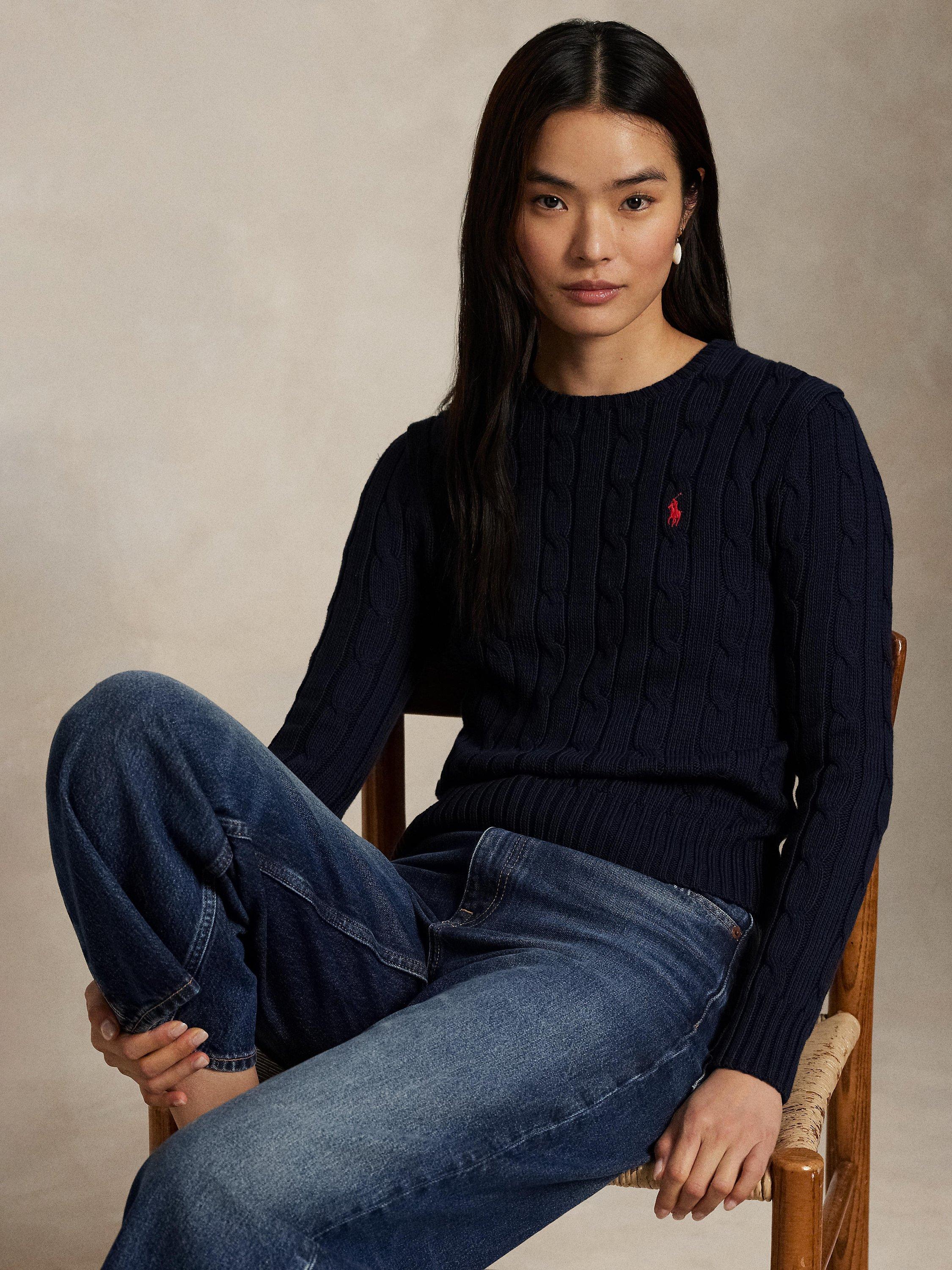 Product image 3 of 5, which shows Polo Ralph Lauren Julianna Cable Knit Wool Rich Jumper, Navy, XS