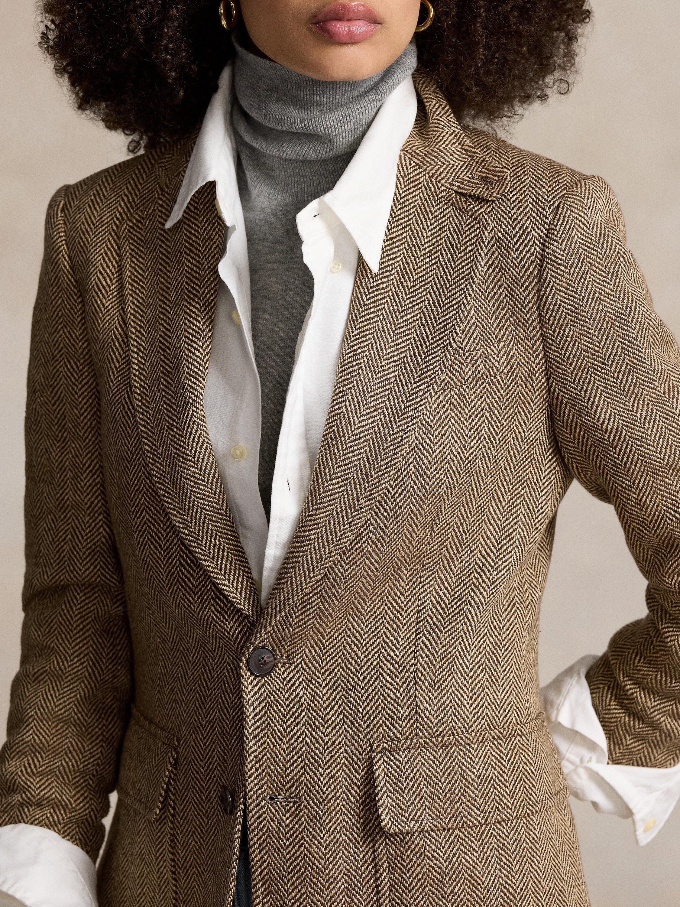 Product image 2 of 5, which shows Polo Ralph Lauren Herringbone Linen Blend Blazer, Brown/Cream, 20