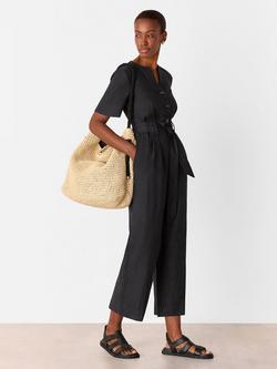 Whistles Fiona Linen Button Jumpsuit, Black, Black