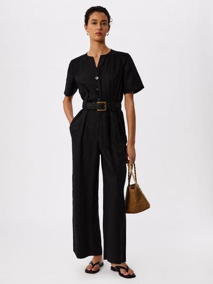 Whistles Fiona Linen Button Jumpsuit, Black, Black