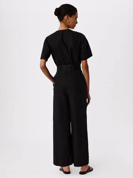 Whistles Fiona Linen Button Jumpsuit, Black - view 2, Black