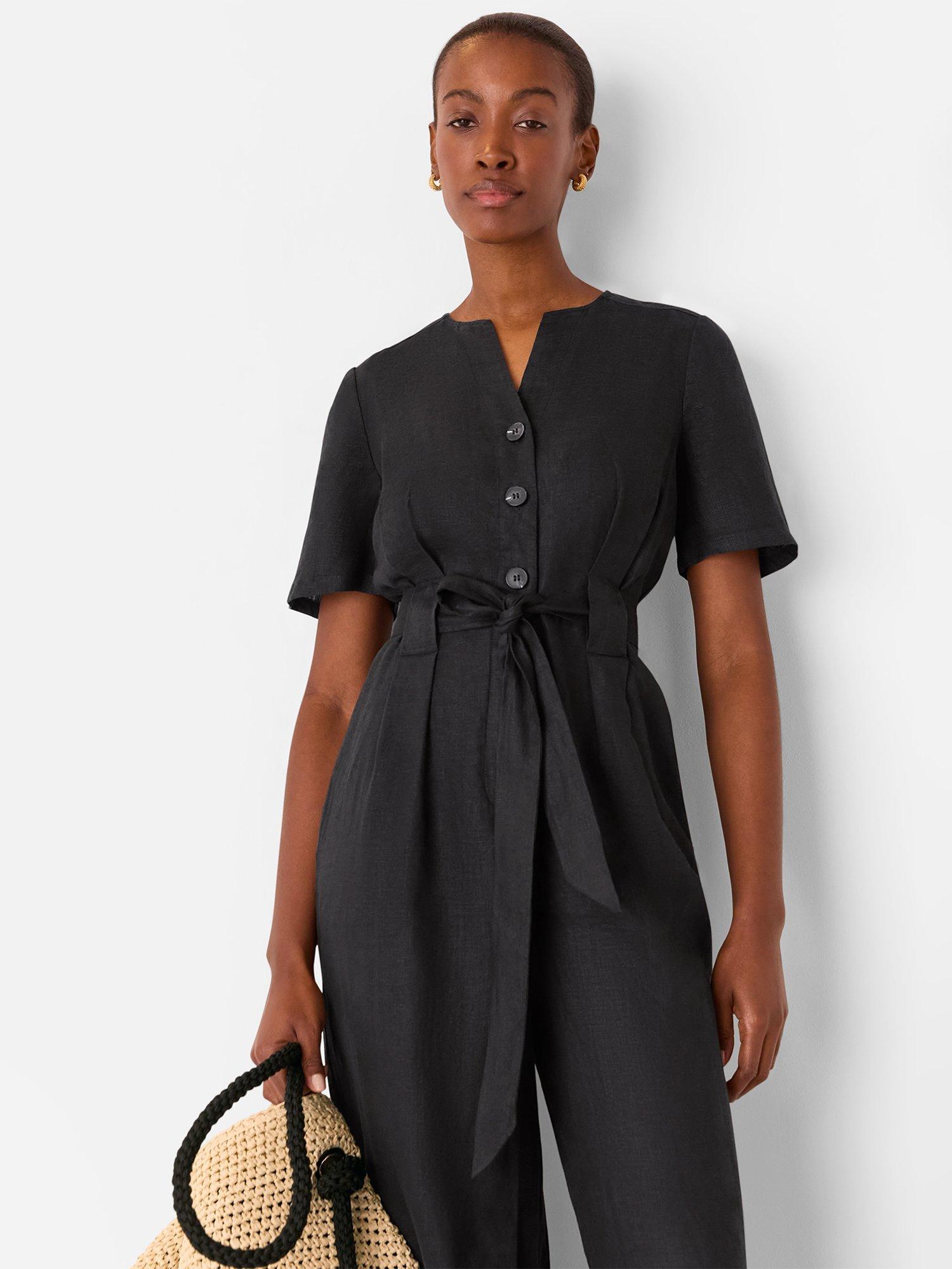 Product image 3 of 5, which shows Whistles Fiona Linen Button Jumpsuit, Black, 6