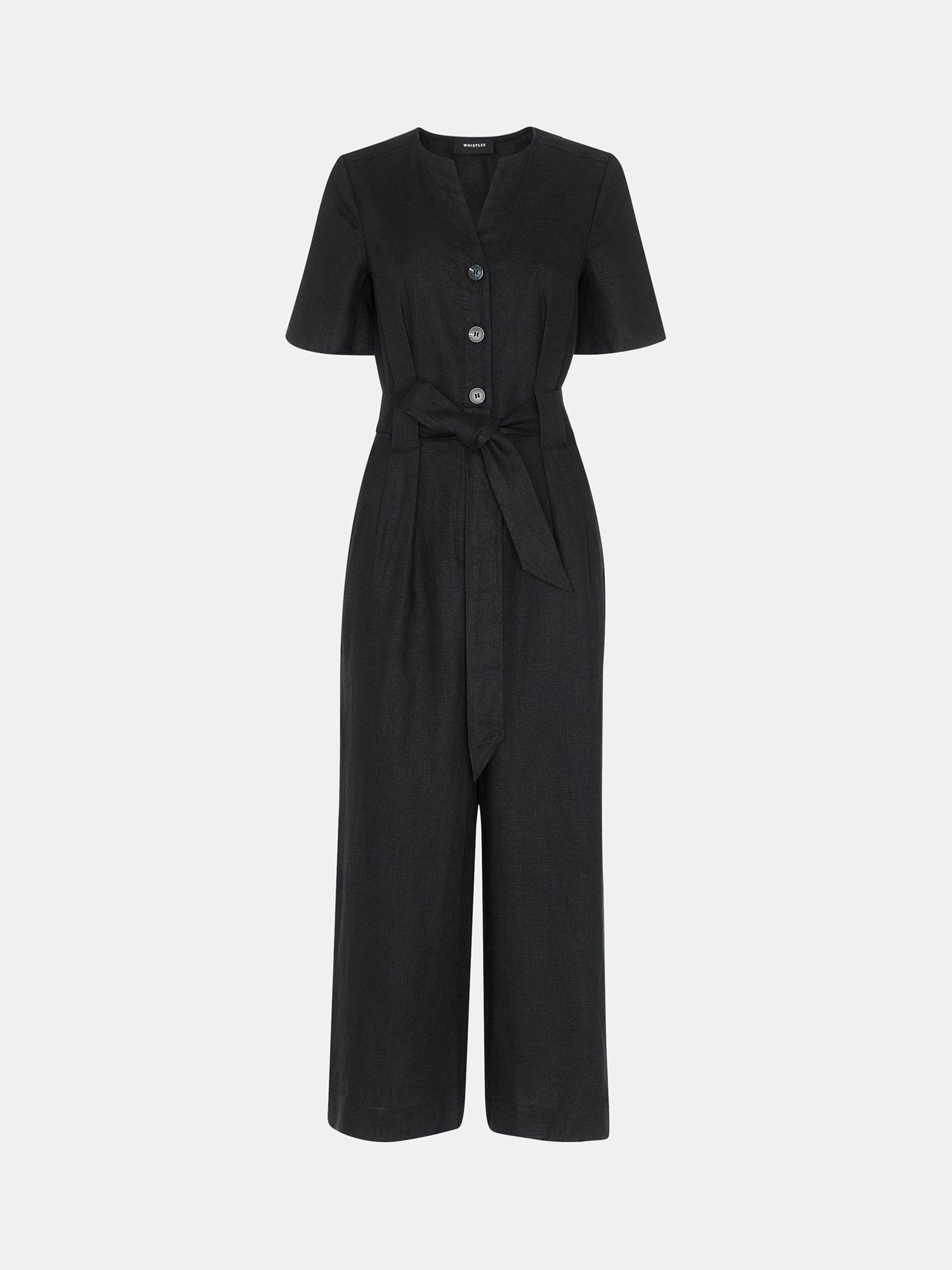 Product image 5 of 5, which shows Whistles Fiona Linen Button Jumpsuit, Black, 6