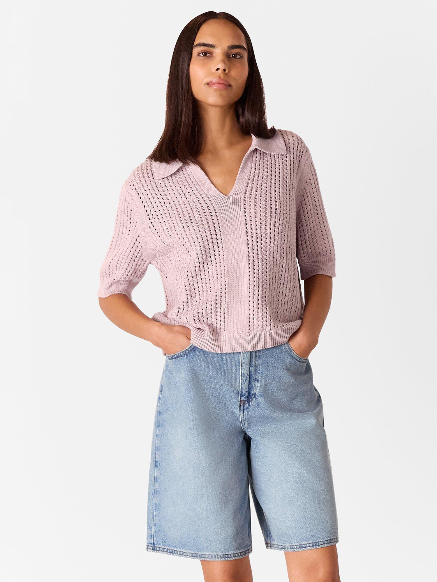 Product image 2 of 6, which shows Whistles Pointelle Collar Detail Knit Top, Lilac, XS
