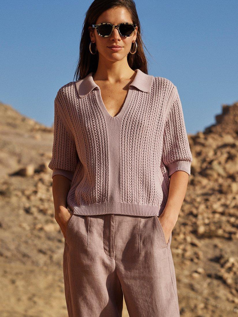 Product image 1 of 6, which shows Whistles Pointelle Collar Detail Knit Top, Lilac, XS