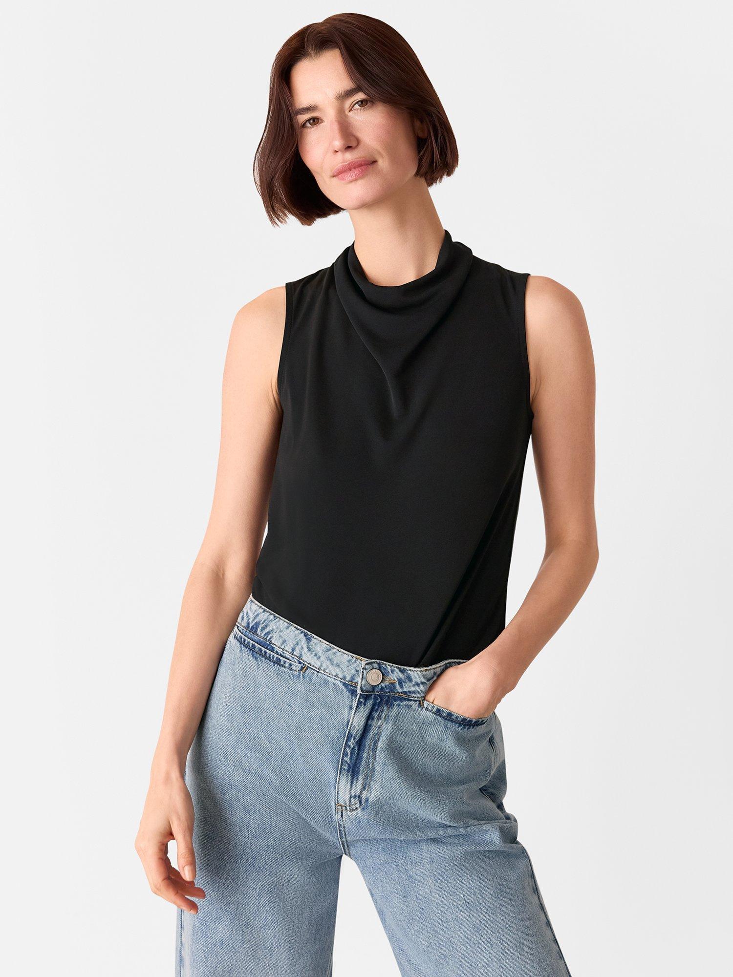 Product image 1 of 5, which shows Whistles Cowl Neck Detail Tank Top, Black, 6