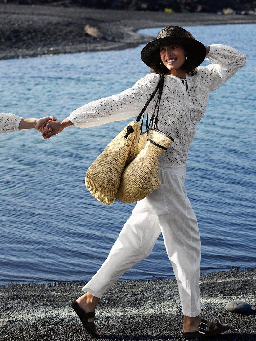 Product image 2 of 7, which shows Whistles Pure Linen Barrel Leg Trousers, White, 6