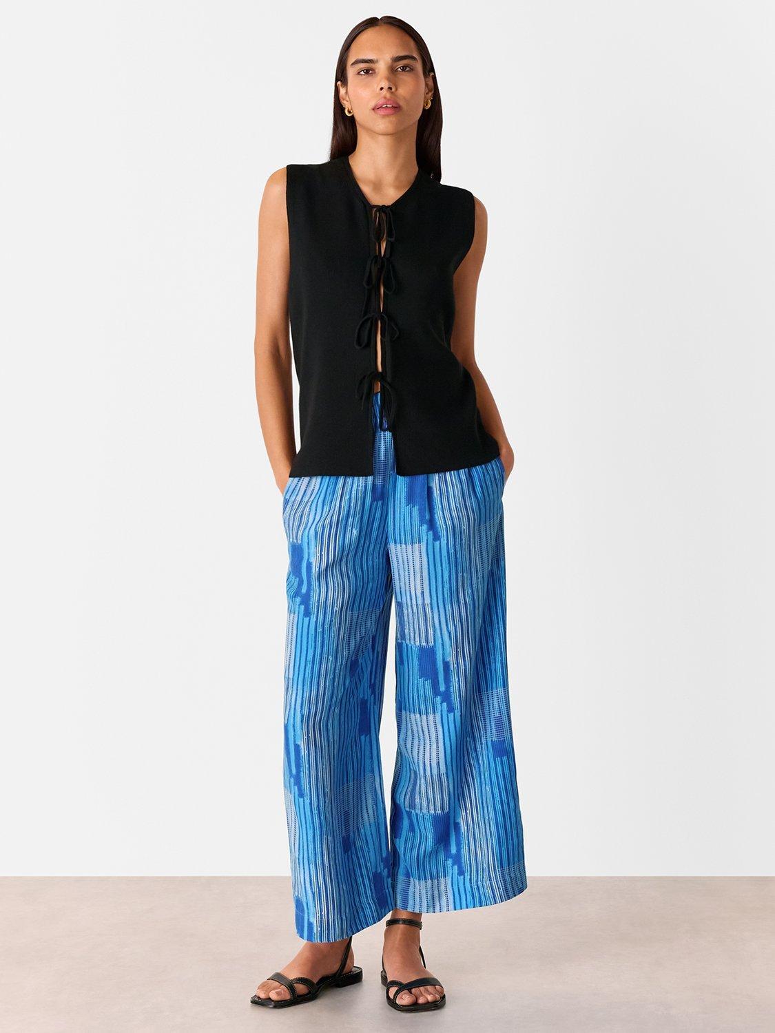 Product image 1 of 6, which shows Whistles Stripe Print Cropped Trousers, Blue/Multi, 8