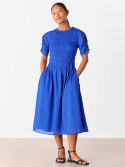 Whistles Petite Avery Smocked Midi Dress, Blue, Blue