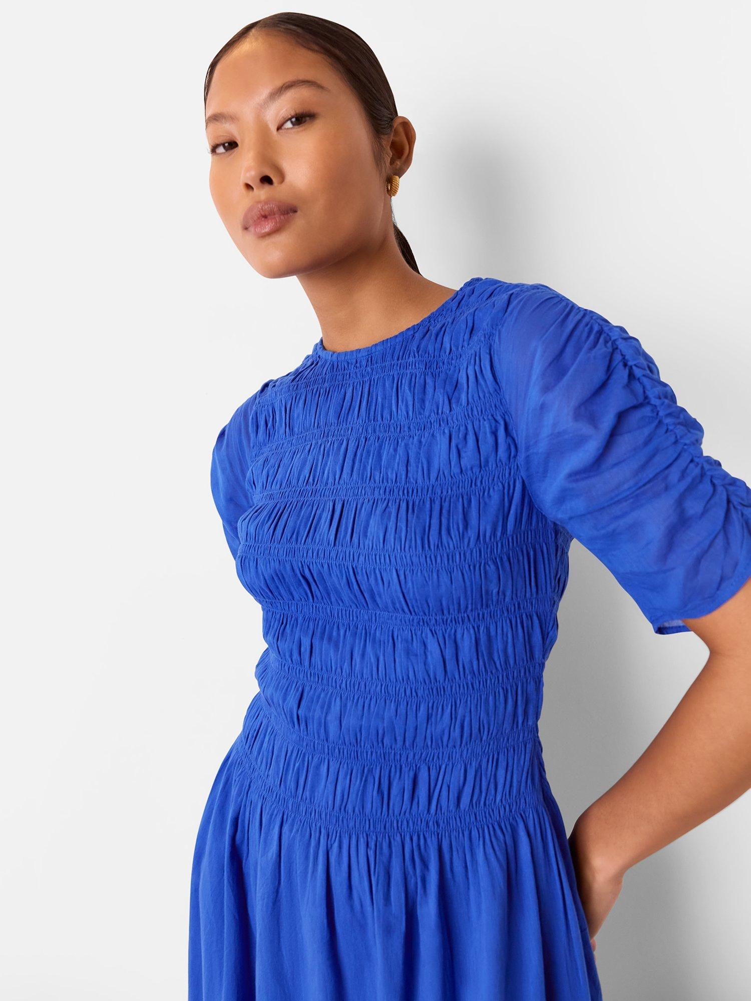 Product image 3 of 5, which shows Whistles Petite Avery Smocked Midi Dress, Blue, 6