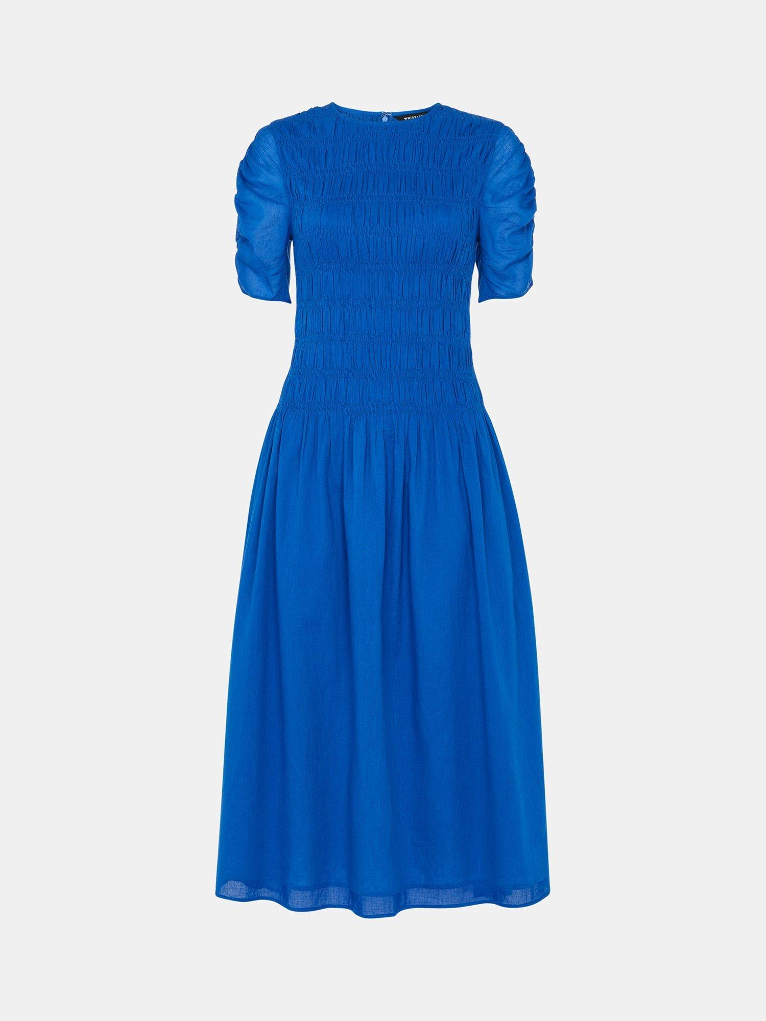 Product image 5 of 5, which shows Whistles Petite Avery Smocked Midi Dress, Blue, 6