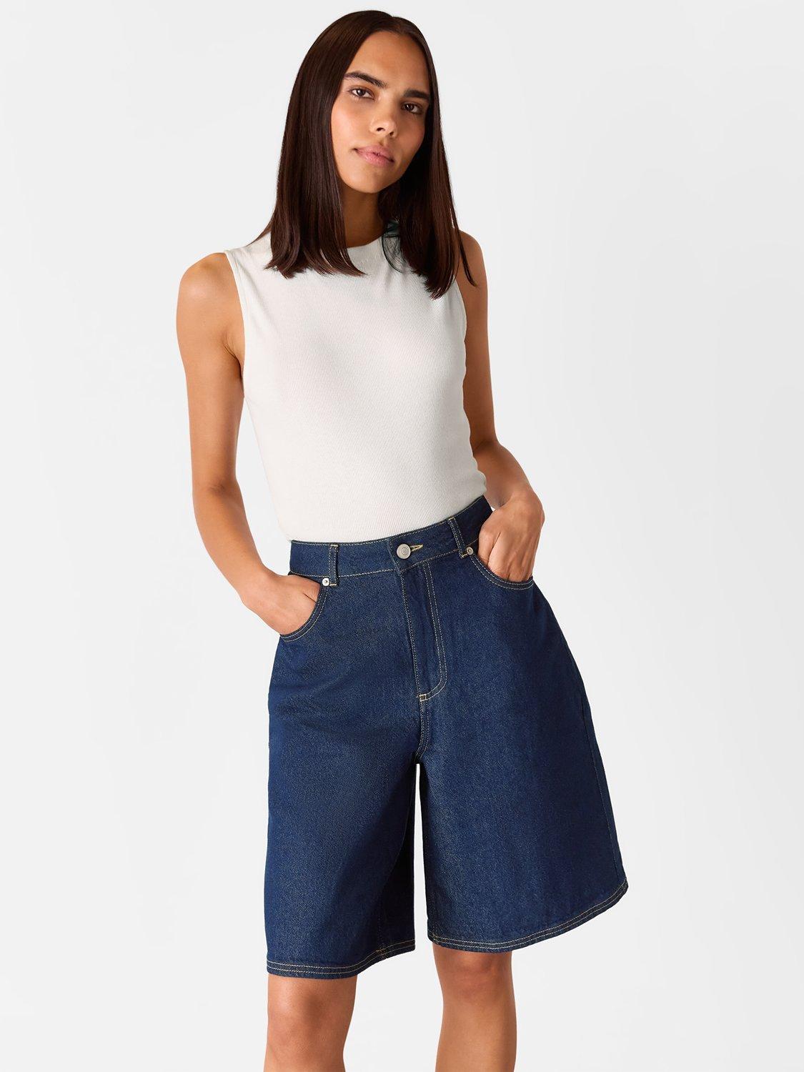Product image 1 of 6, which shows Whistles Authentic Knee Length Denim Shorts, Dark Blue, 26