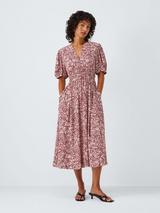 John Lewis Short Sleeved Shirred Floral Print Midi Dress, Dark Red