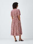 John Lewis Short Sleeved Shirred Floral Print Midi Dress, Dark Red