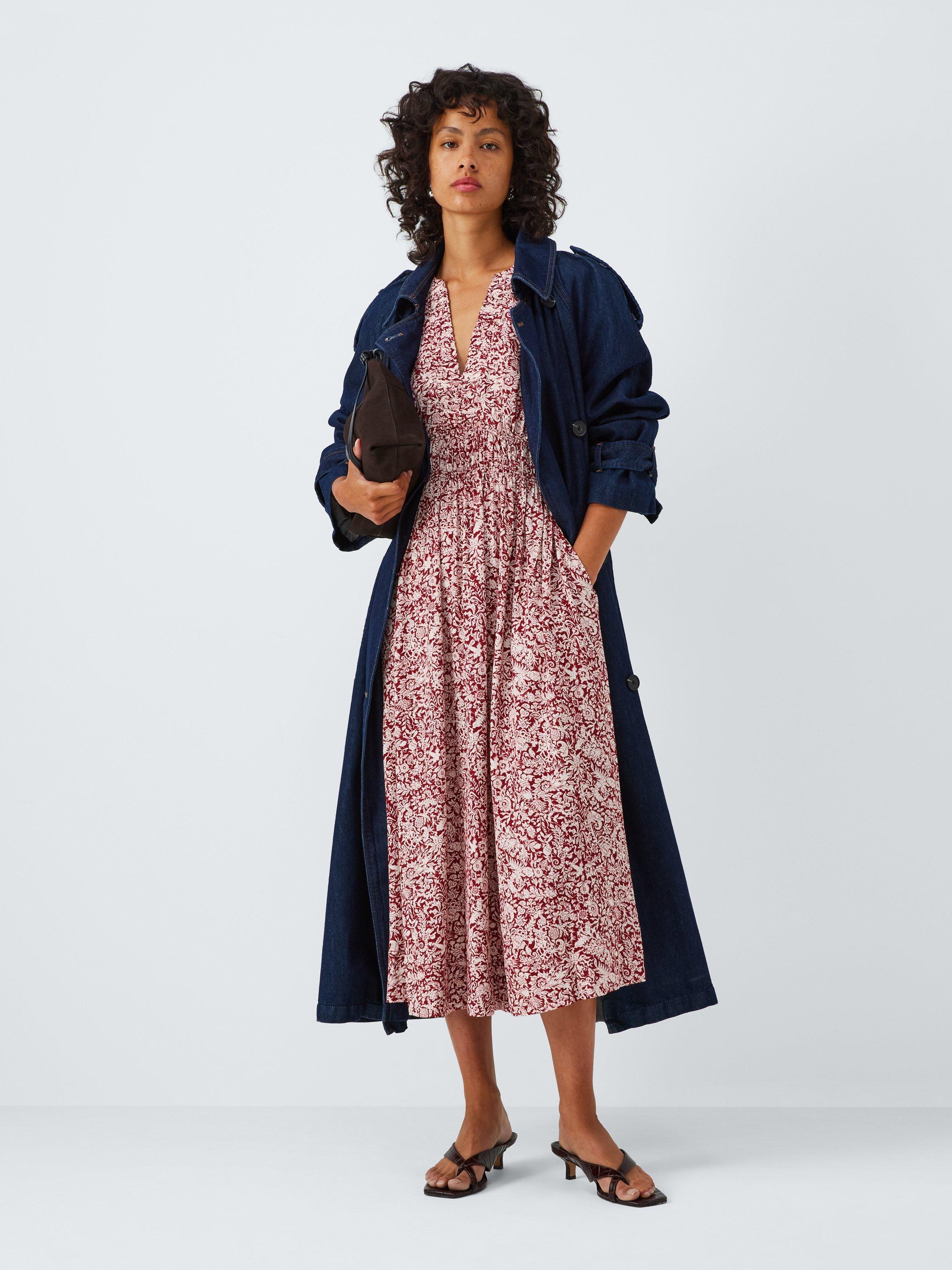 Product image 3 of 6, which shows John Lewis Short Sleeved Shirred Floral Print Midi Dress, Dark Red, 8