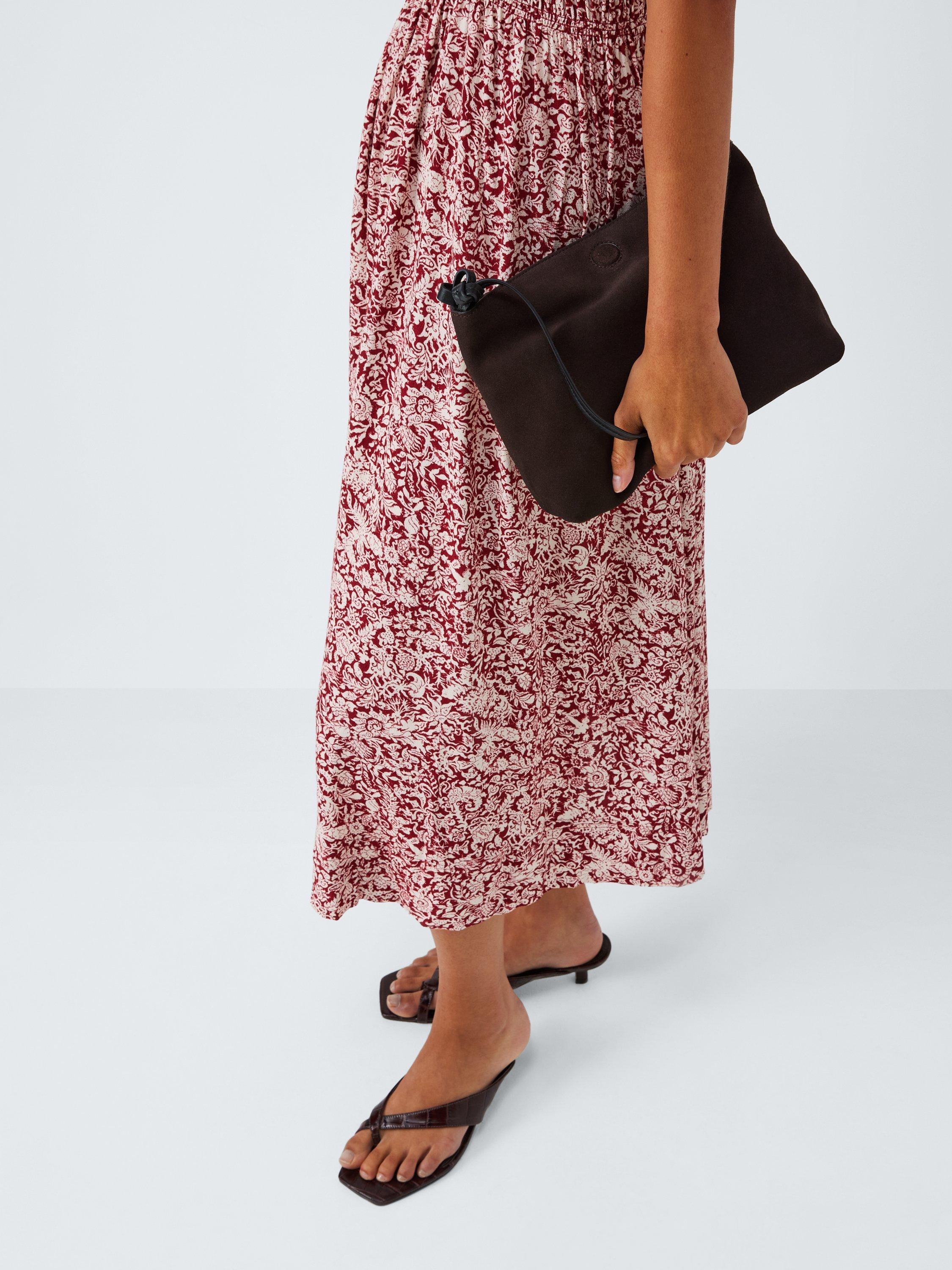 Product image 5 of 6, which shows John Lewis Short Sleeved Shirred Floral Print Midi Dress, Dark Red, 8