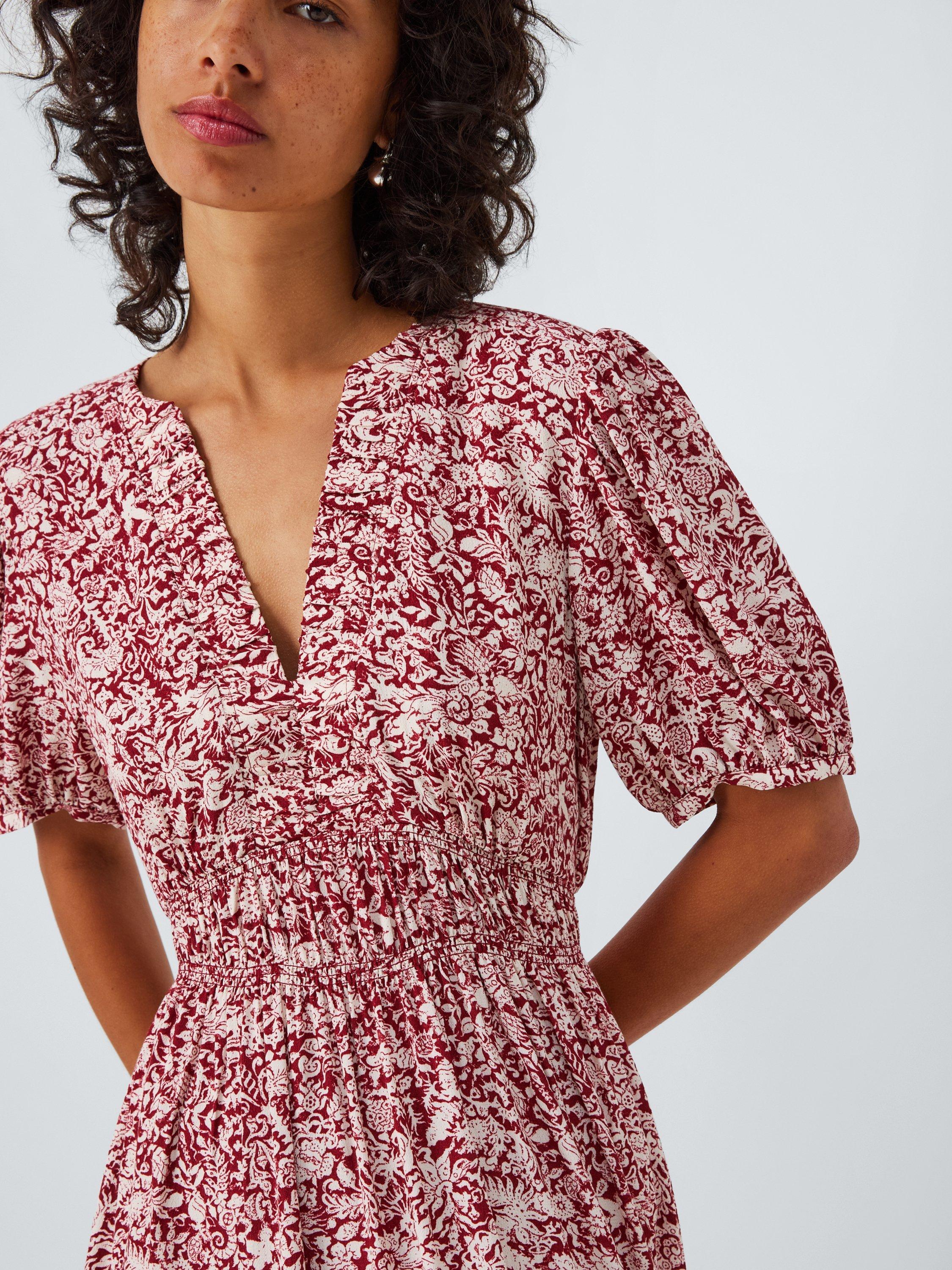 Product image 6 of 6, which shows John Lewis Short Sleeved Shirred Floral Print Midi Dress, Dark Red, 8