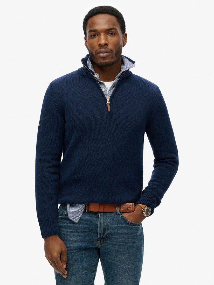 Product image 1 of 4, which shows Superdry Cotton Classics Half-Zip Knitted Jumper, Indigo Blue Marl, S