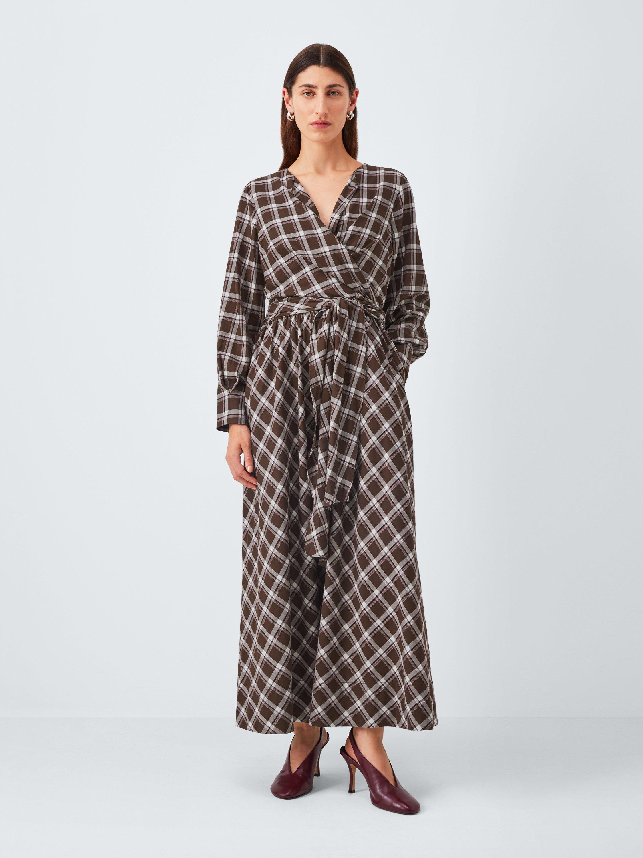 Product image 1 of 7, which shows John Lewis Cotton Check Wrap Maxi Dress, Brown, 8
