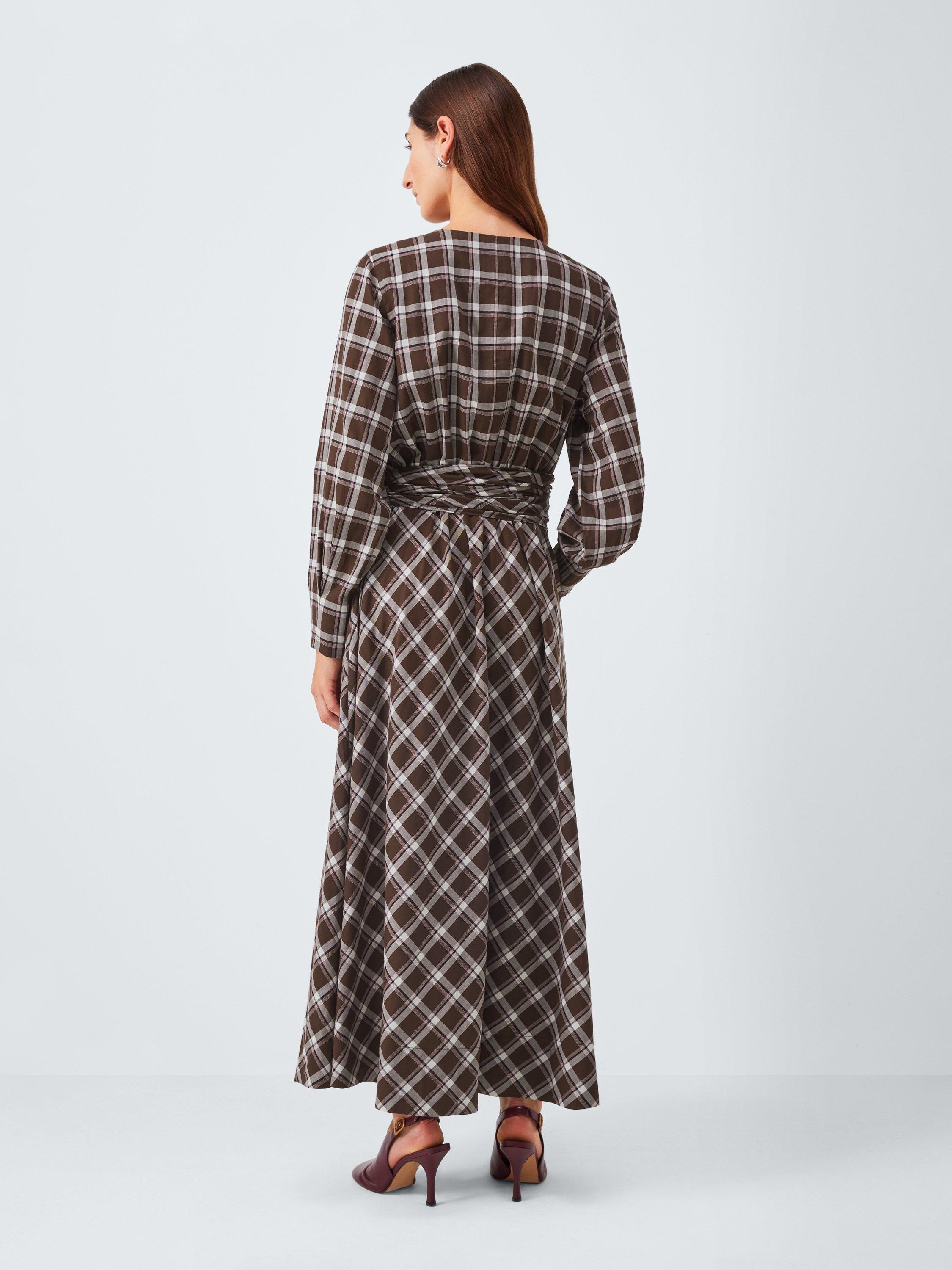 Product image 2 of 7, which shows John Lewis Cotton Check Wrap Maxi Dress, Brown, 8
