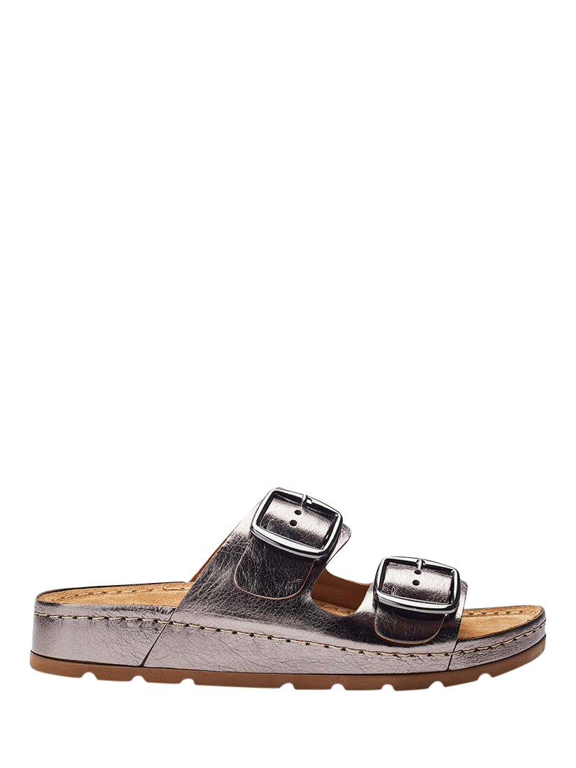 Product image 1 of 4, which shows Moda in Pelle Shoon Elate Leather Two-Bar Cork Mules, Pewter, 5