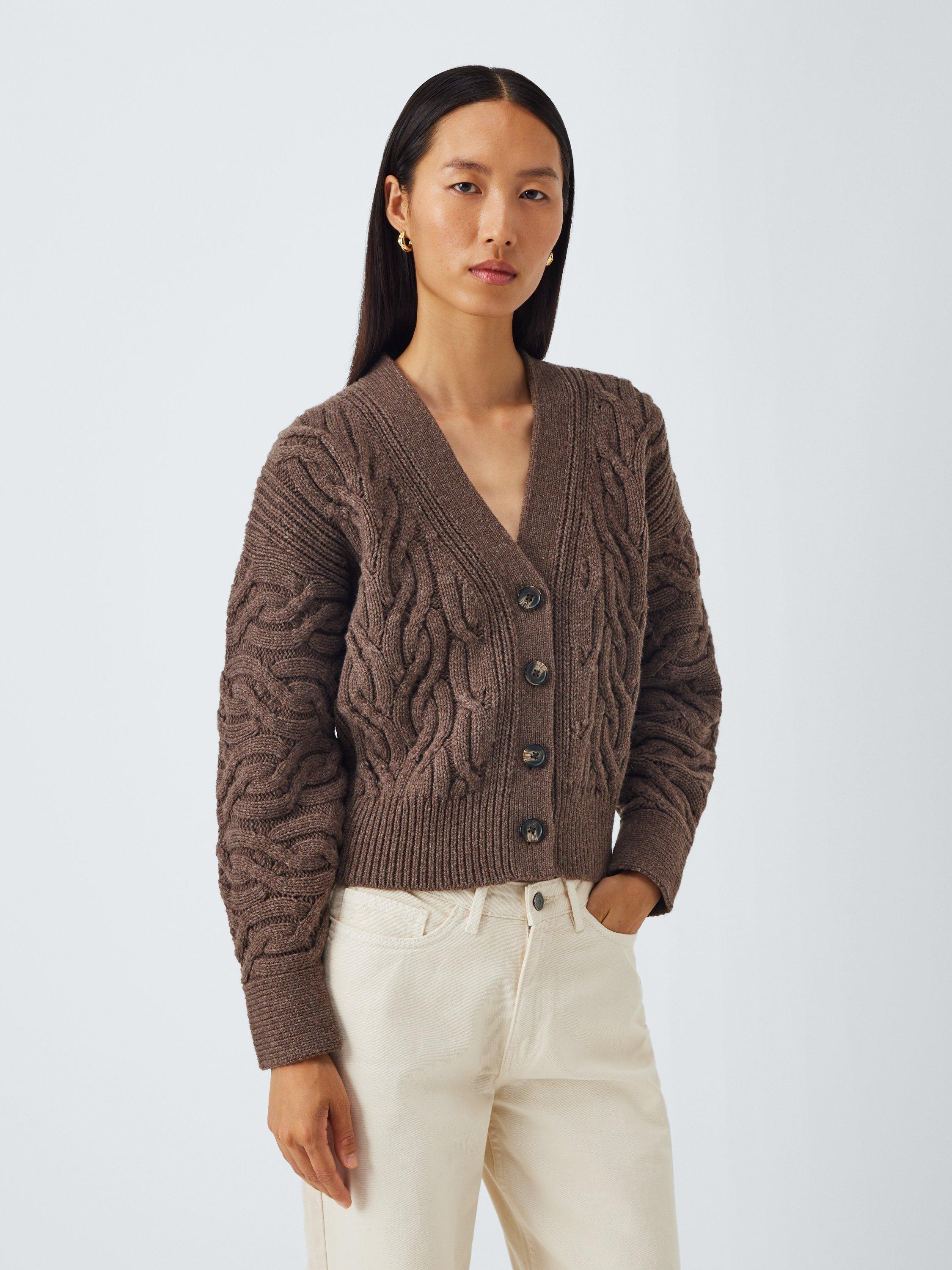 Product image 1 of 6, which shows John Lewis Wool Blend Cable Knit V-Neck Cardigan, Brown, XS